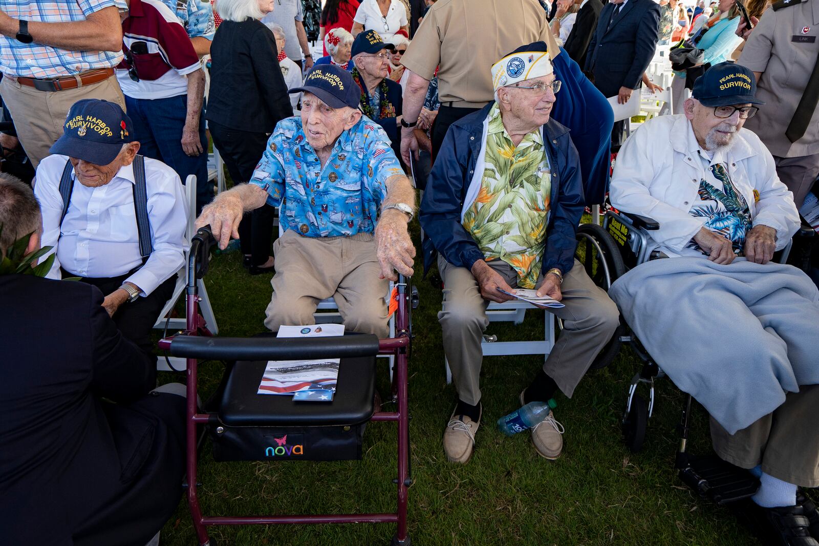 FILE - From left, Pearl Harbor survivors Harry Chandler, Ken Stevens, Herb Elfring and Ira "Ike" Schab during the 82nd Pearl Harbor Remembrance Day ceremony on Dec. 7, 2023, at Pearl Harbor in Honolulu. (AP Photo/Mengshin Lin, File)