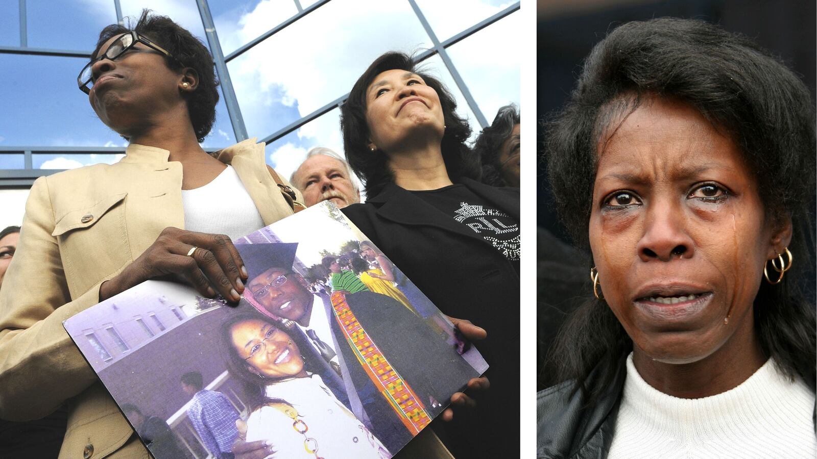 Rhonda Fields, far left, and Christine Wolfe are seen outside the Arapahoe County Courthouse in May 2008 in Centennial, Colo. Their children, seen in the photo held by Fields, along with the son of Annetta Vann, pictured at right, were victims of murder in 2004 and 2005. The trio's killers, who were sent to death row, had their sentences commuted Monday, March 23, 2020, when Colorado abolished the death penalty. (