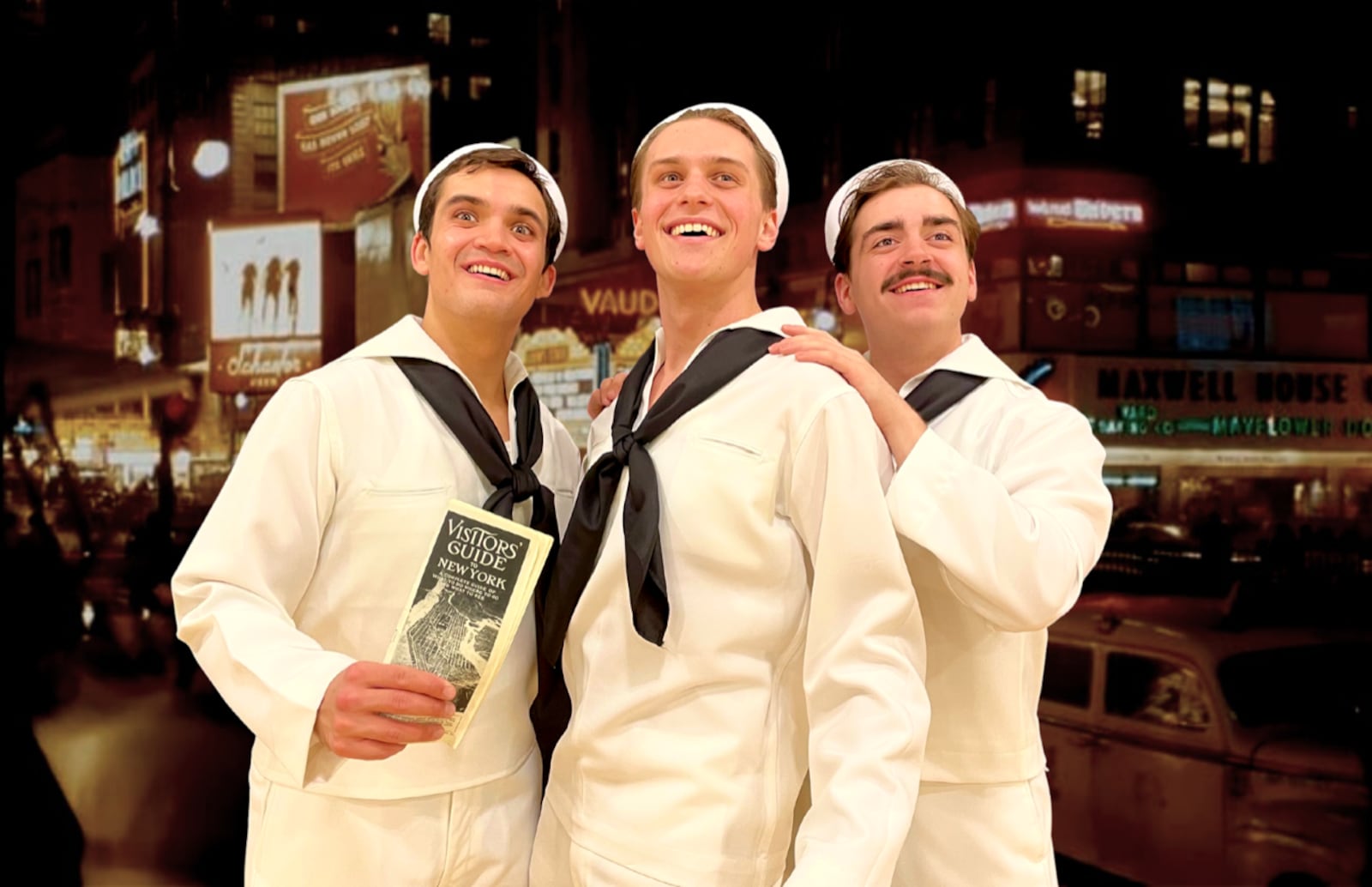 Left to right: Ben Ohnemus (Chip), Tanner Gleeson (Gabey) and John Cuozzo (Ozzie) in Wright State University's production of "On the Town." PHOTO BY WRIGHT STATE THEATRE