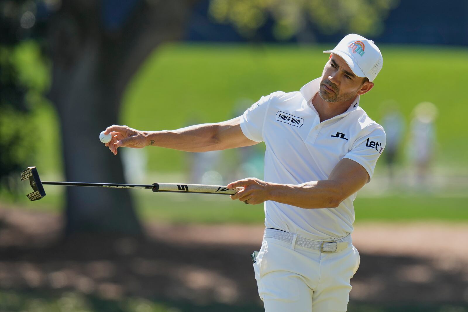 Camilo Villegas reacts after making a par on the 15th hole during the first round of The Players Championship golf tournament Thursday, March 13, 2025, in Ponte Vedra Beach, Fla. (AP Photo/Chris O'Meara)