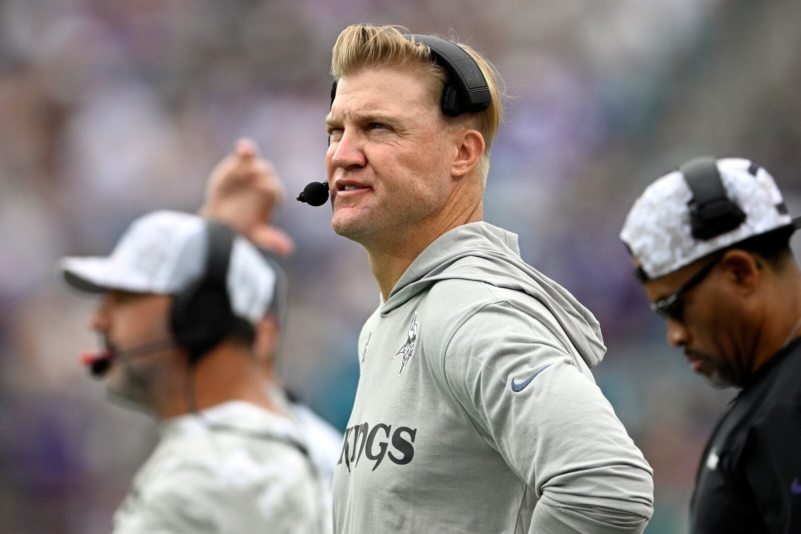 FILE - Minnesota Vikings quarterbacks coach Josh McCown, center, looks on from the sideline during the first half of an NFL football game against the Jacksonville Jaguars, Sunday, Nov. 10, 2024, in Jacksonville, Fla. (AP Photo/Phelan M. Ebenhack, File)