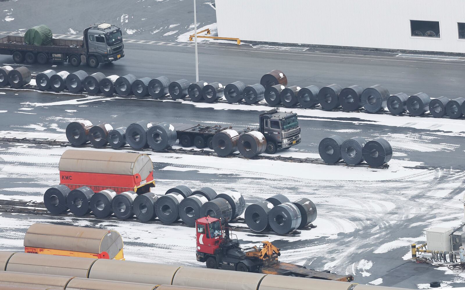 Steel products are seen at a port in Pyeongtaek, South Korea, Monday, Feb. 10, 2025. (Hong Ki-won/Yonhap via AP)