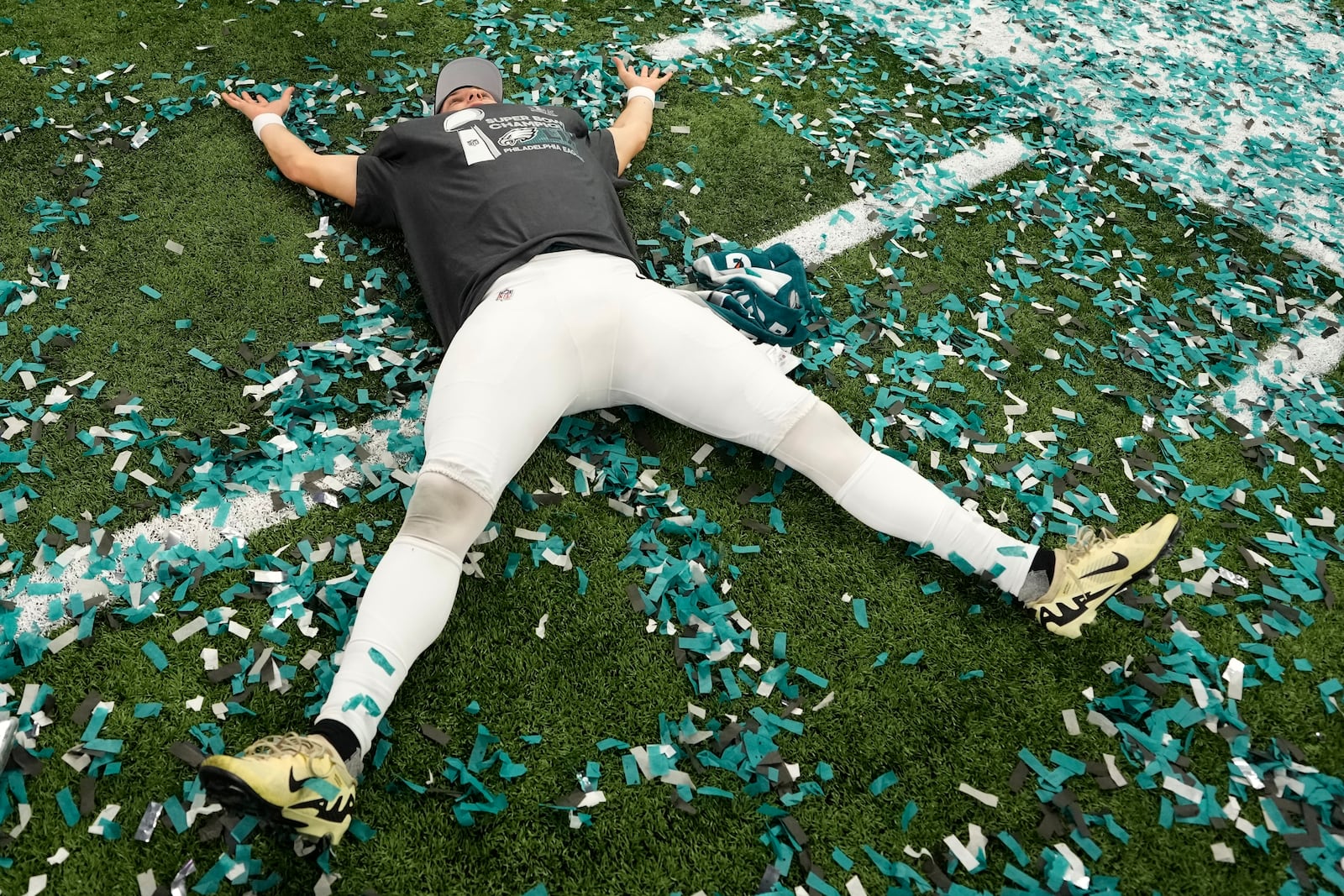 Philadelphia Eagles punter Braden Mann celebrates after the NFL Super Bowl 59 football game against the Kansas City Chiefs, Sunday, Feb. 9, 2025, in New Orleans. (AP Photo/Ashley Landis)