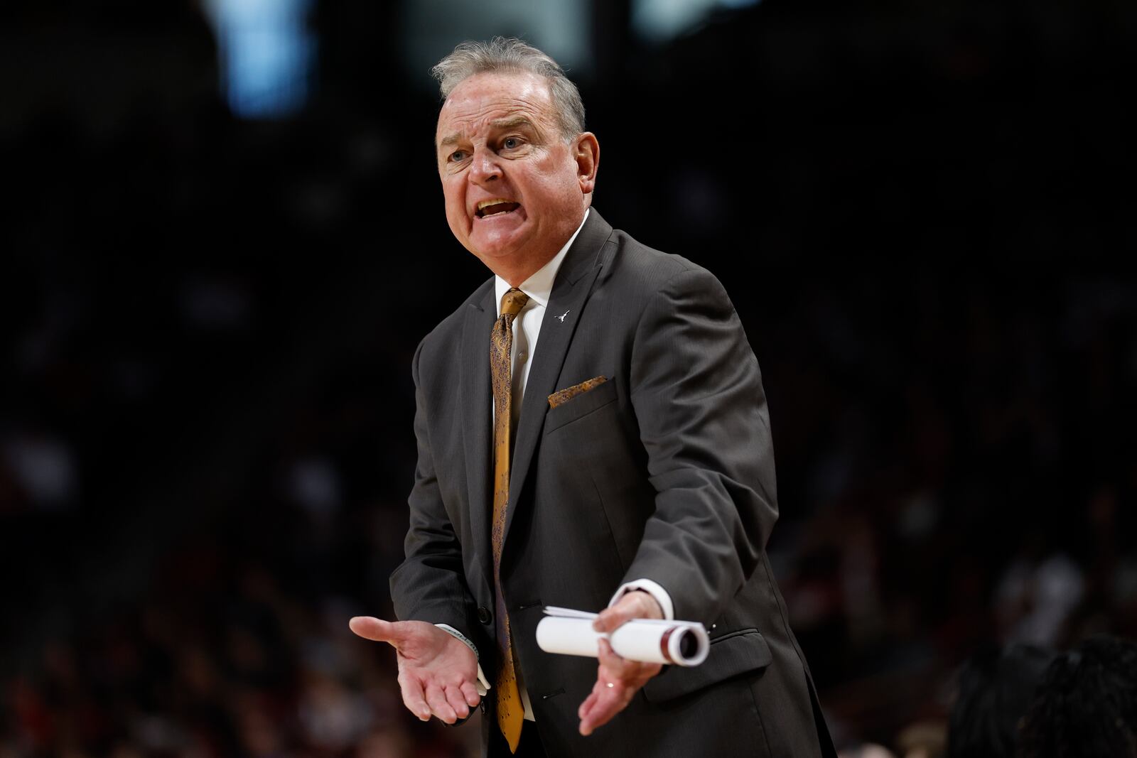 Texas head coach Vic Schaefer yells at an official during the first half of an NCAA college basketball game against South Carolina in Columbia, S.C., Sunday, Jan. 12, 2025. (AP Photo/Nell Redmond)