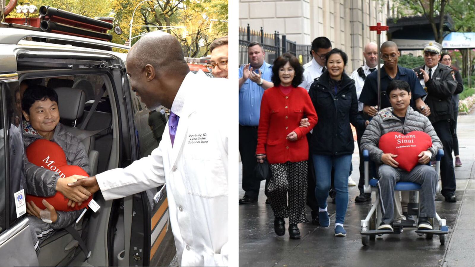 New York City Fire Department Lt. Raymond Wang is wheeled out of Mount Sinai Hospital in Manhattan Wednesday, Oct. 30, 2019. At left, Wang shakes hands with Dr. Percy Boateng, one of the surgeons who saved his life Oct. 17 from a ruptured aneurysm.