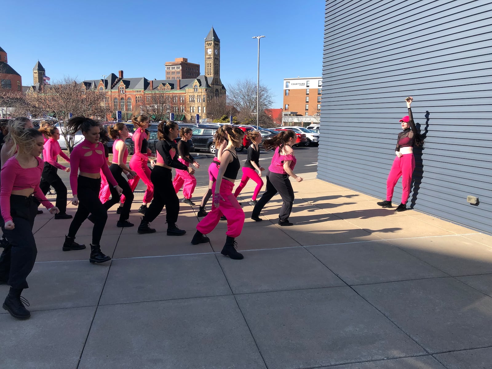 A dance team rehearses outside the Hollenbeck Bayley Creative Arts and Conference Center prior to Sunday's Dance Stomp Shake competition at the Clark State Performing Arts Center.