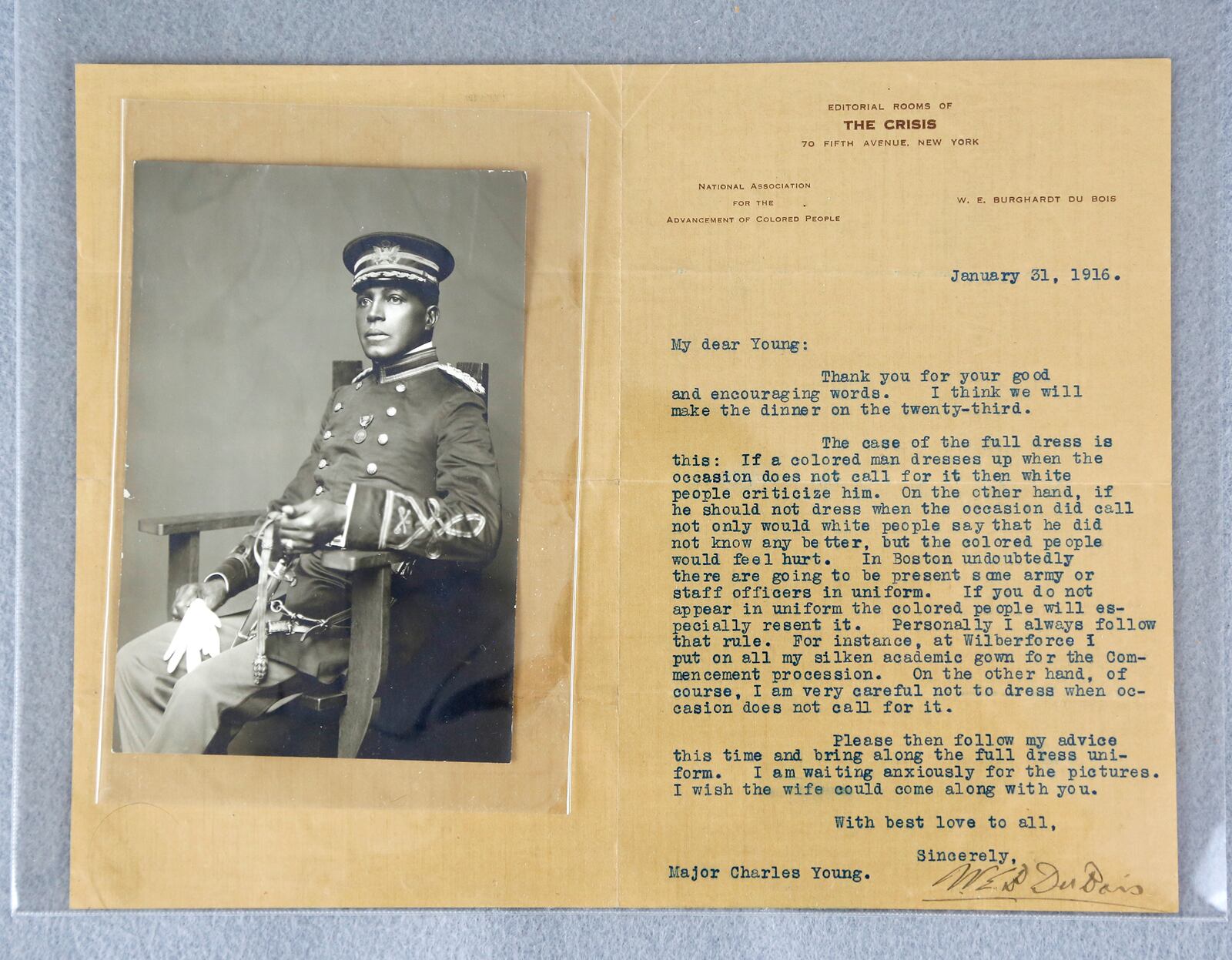 A photograph of then Major Charles Young, the first black man to obtain the rank of colonel, accompanies a letter written to him from the black scholar, W.E.B. DuBois. In the letter DuBois gives Young advice on the nuances of how to dress for a white and black audience that would be in attendance at a dinner honoring Young's accomplishments. LISA POWELL / STAFF