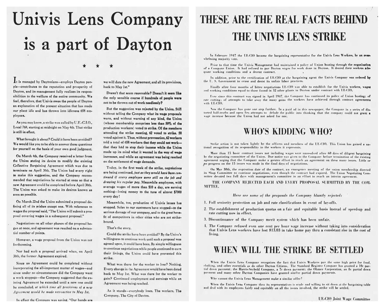 Both sides placed newspaper ads defending their positions during the Univis Lens strike of 1948. DAYTON DAILY NEWS ARCHEVES