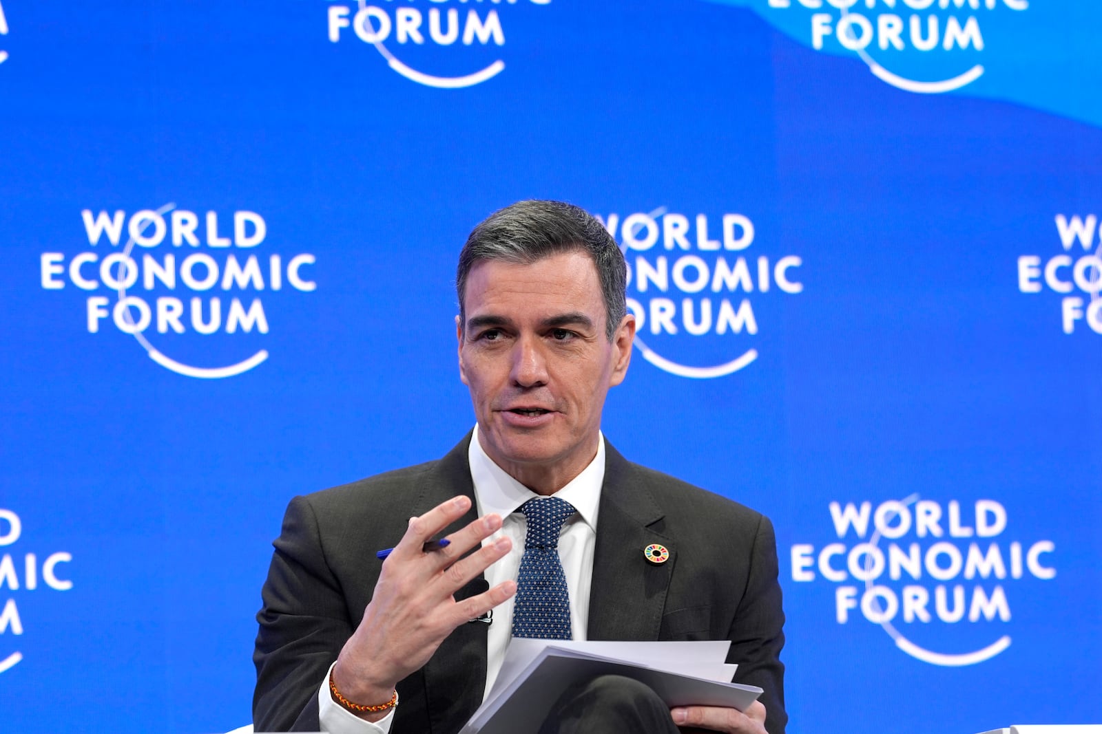 Prime Minister of Spain Pedro Sanchez speaks at the Annual Meeting of World Economic Forum in Davos, Switzerland, Wednesday Jan. 22, 2025. (AP Photo/Markus Schreiber)