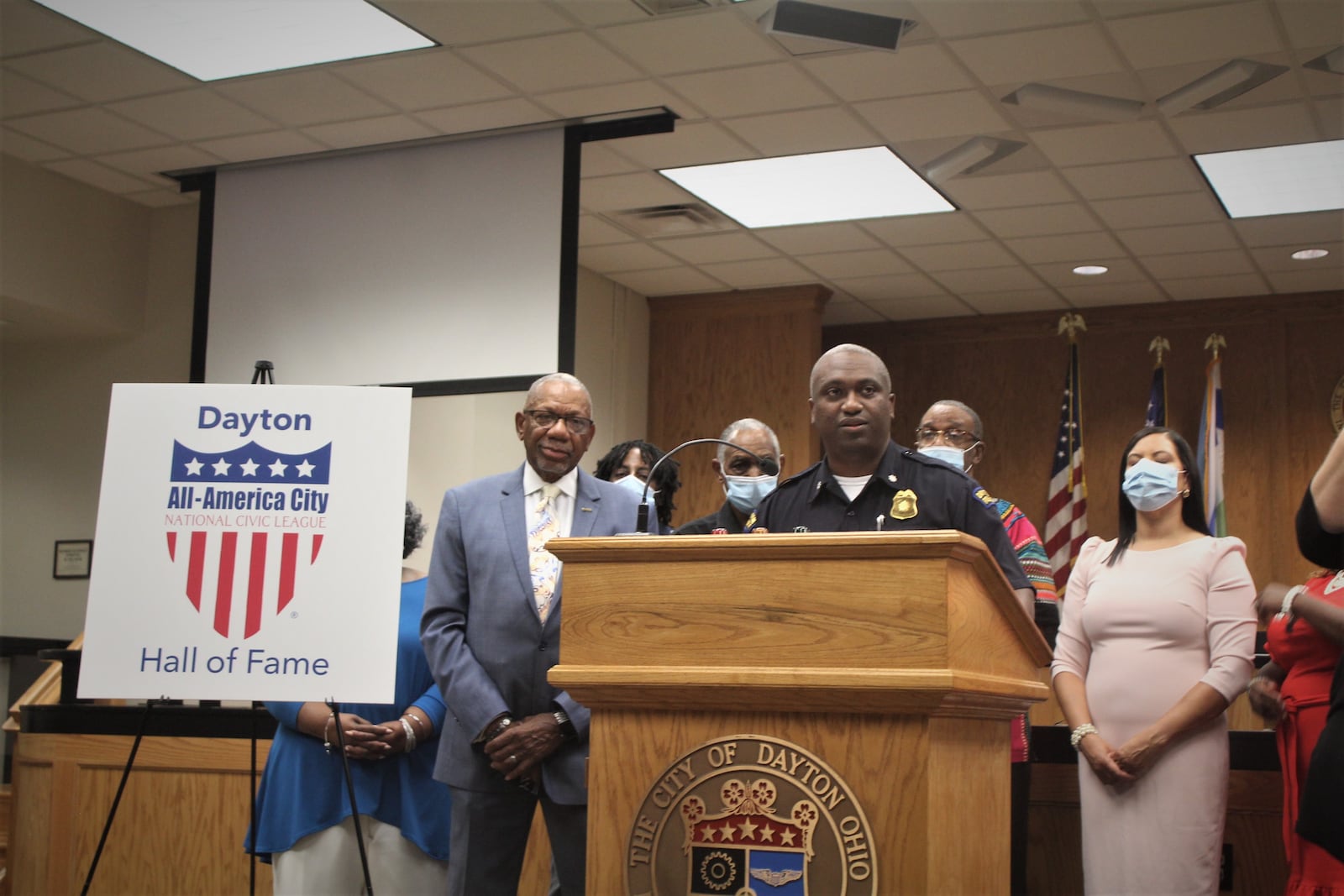 Dayton police Lt. Col. Eric Henderson, deputy director and assistant chief, speaks at a press conference about the city's induction into the National Civic League Hall of Fame. CORNELIUS FROLIK / STAFF