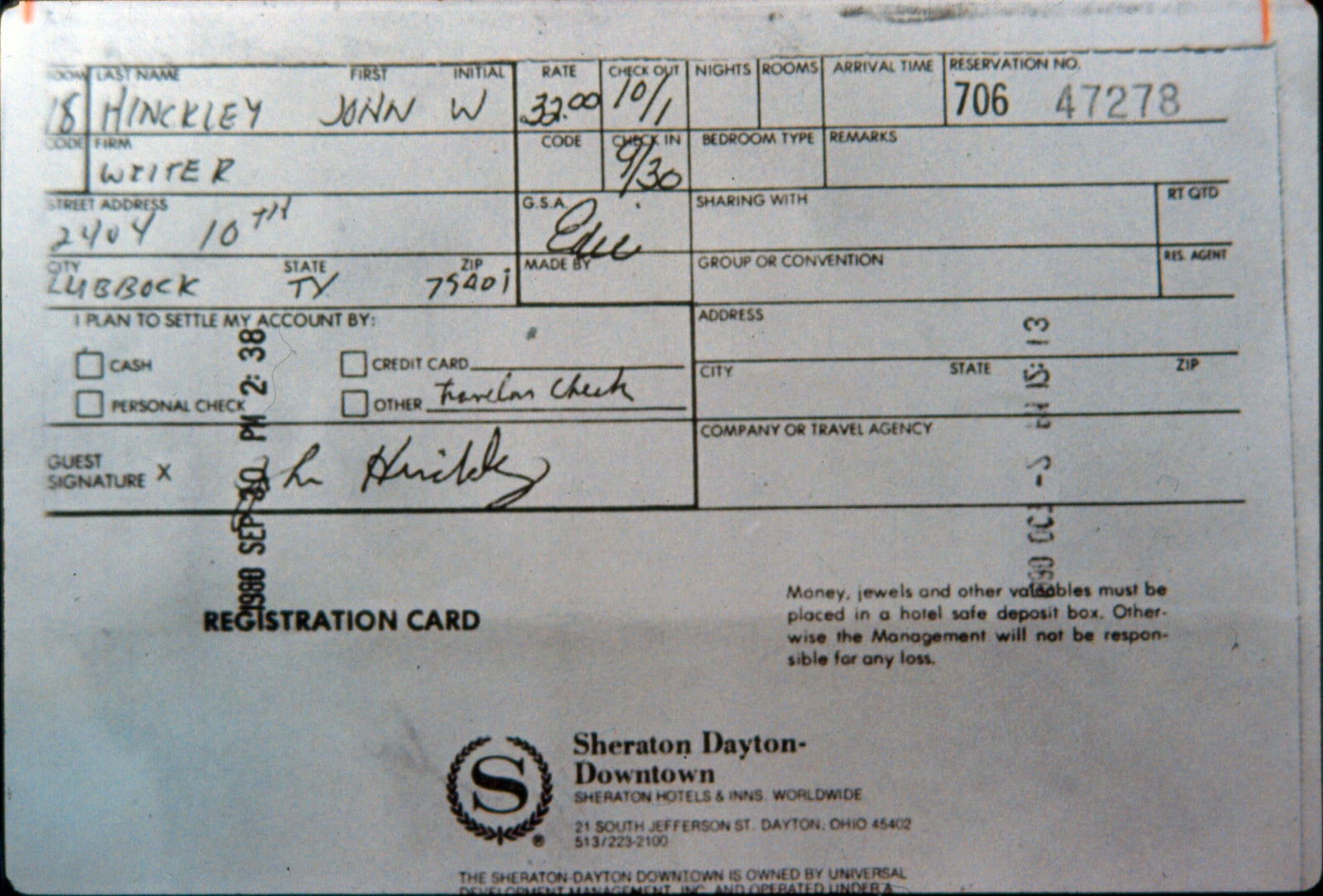 A photo of the registration card for the Sheraton Hotel in Dayton filled out when John Hinckley was in Dayton. He identifies himself as a writer. DAYTON DAILY NEWS ARCHIVES