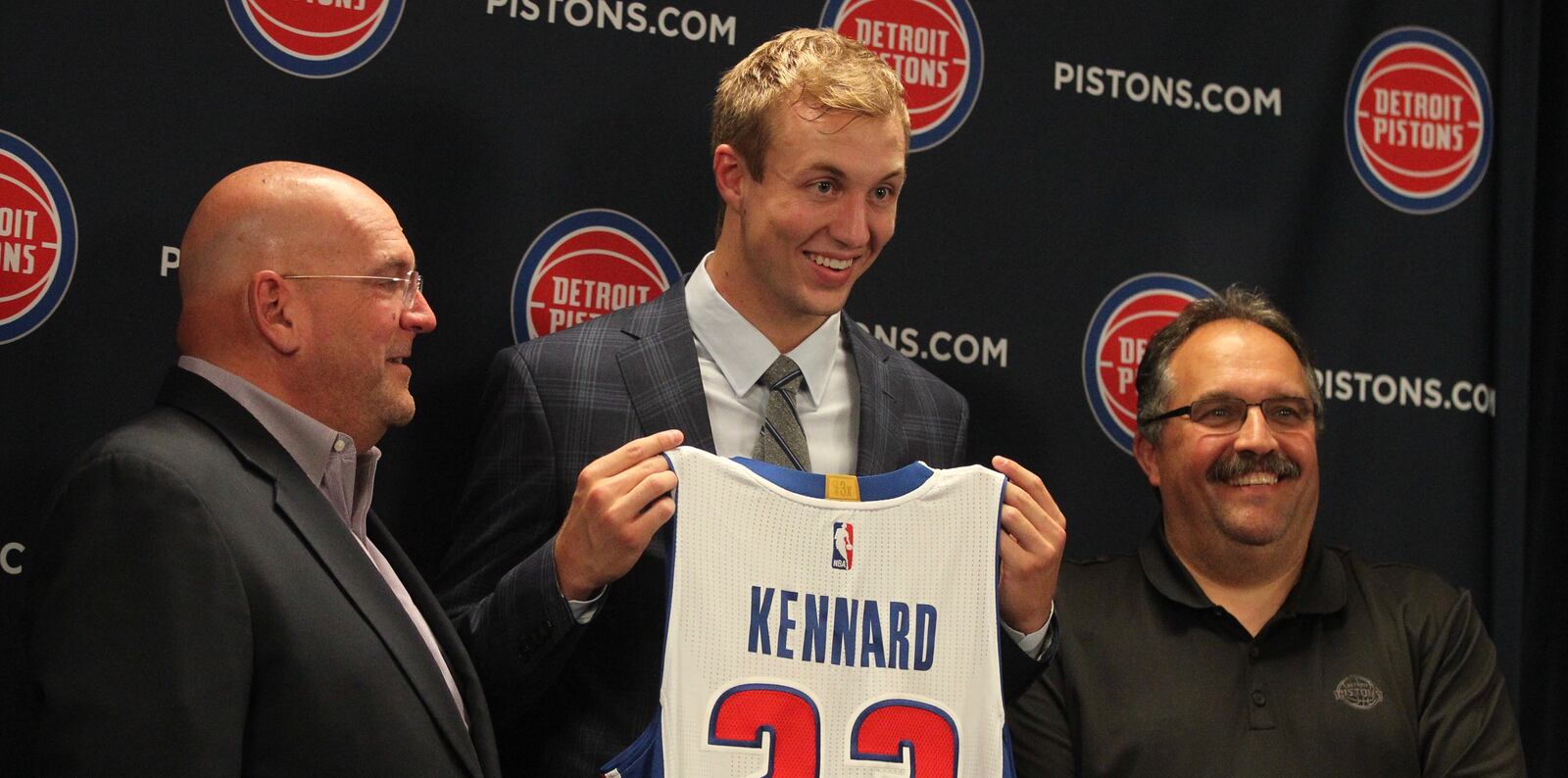 Luke Kennard, center, poses with Pistons General Manager Jeff Bower, left, and head coach Stan Van Gundy on Friday, June 23, 2017, in Detroit.