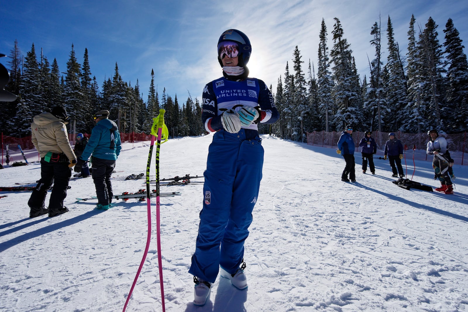 Lindsey Vonn prepares to be a forerunner at a women's World Cup downhill training run, Wednesday, Dec. 11, 2024, in Beaver Creek, Colo. (AP Photo/John Locher)