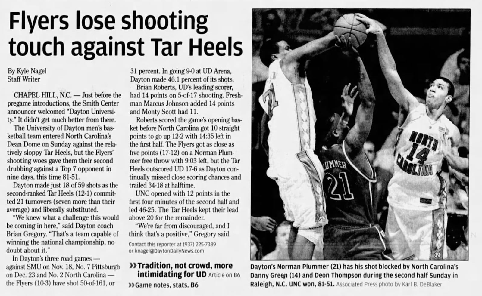 Dayton vs. North Carolina game story from Jan. 1, 2007, Dayton Daily News.