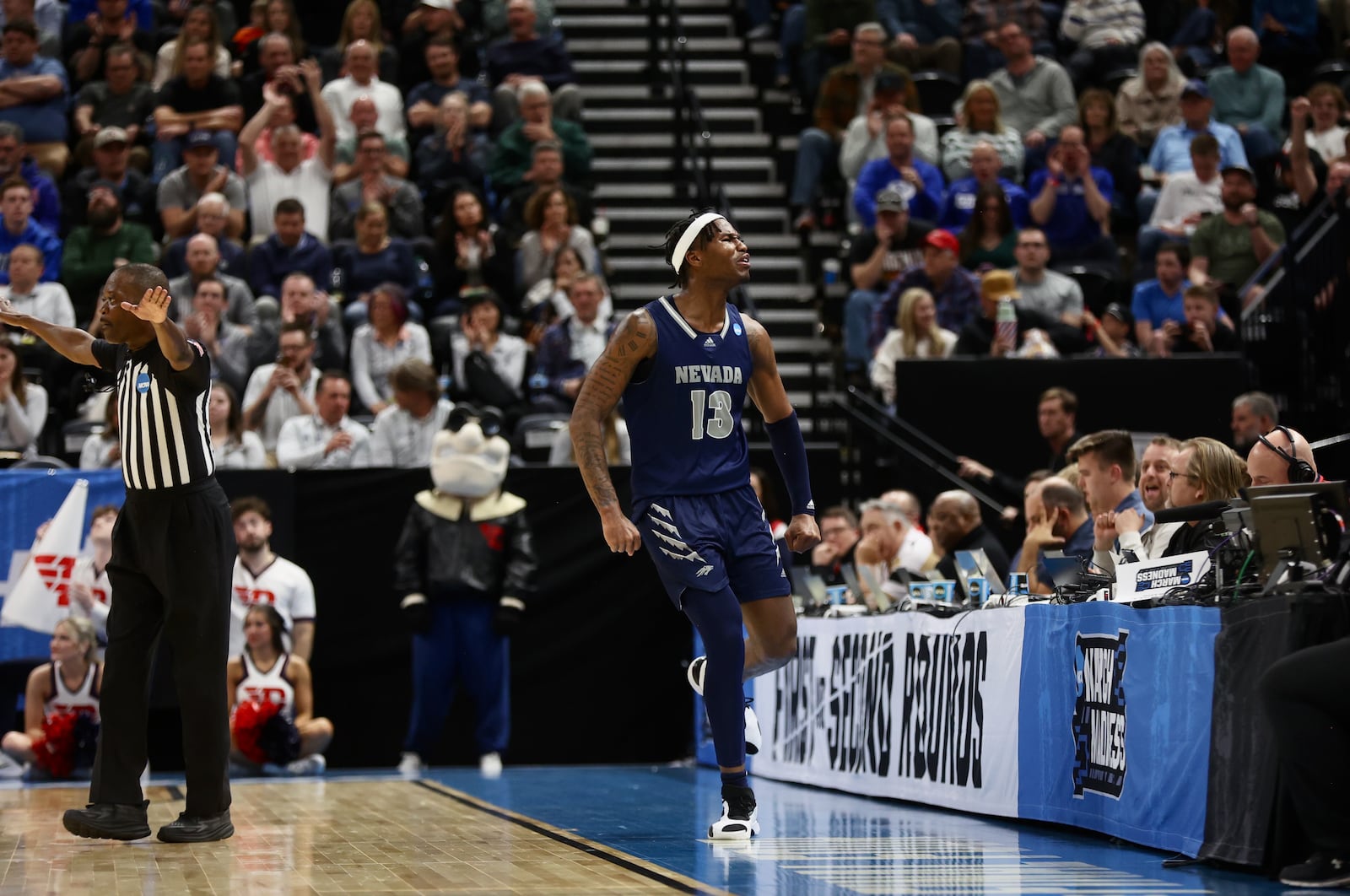 Nevada's Kenan Blackshear celebrates after making a shot against Dayton in the first half in the first round of the NCAA tournament on Thursday, March 21, 2024, at the Delta Center in Salt Lake City, Utah. David Jablonski/Staff