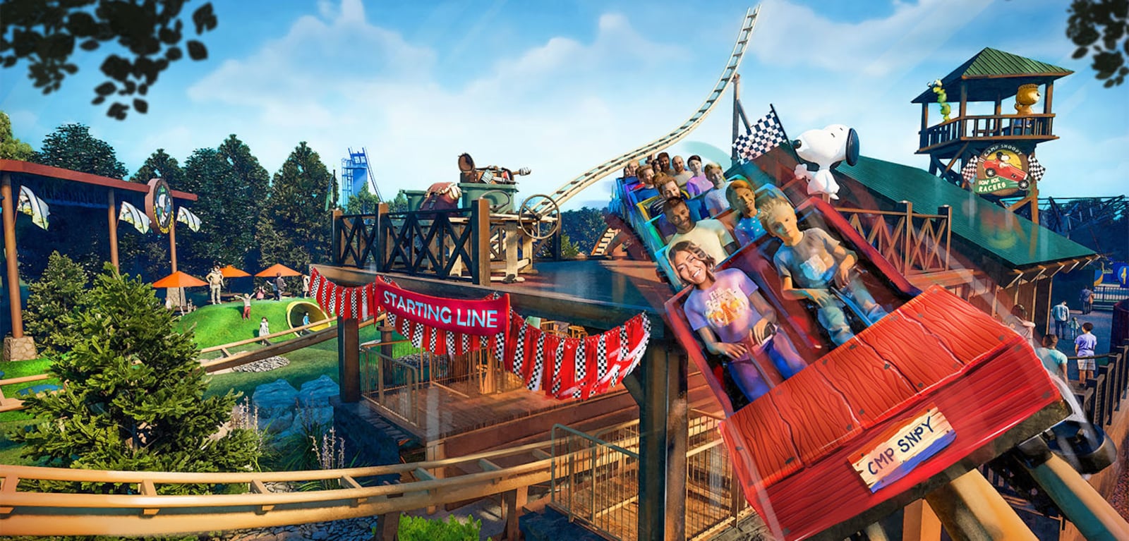 Planet Snoopy in 2024 will introduce Snoopy's Soap Box Racers, a new boomerang coaster that sends riders down a launch hill, reaching speeds of up to 36 MPH. The 672-foot racetrack includes a series of twists and turns.