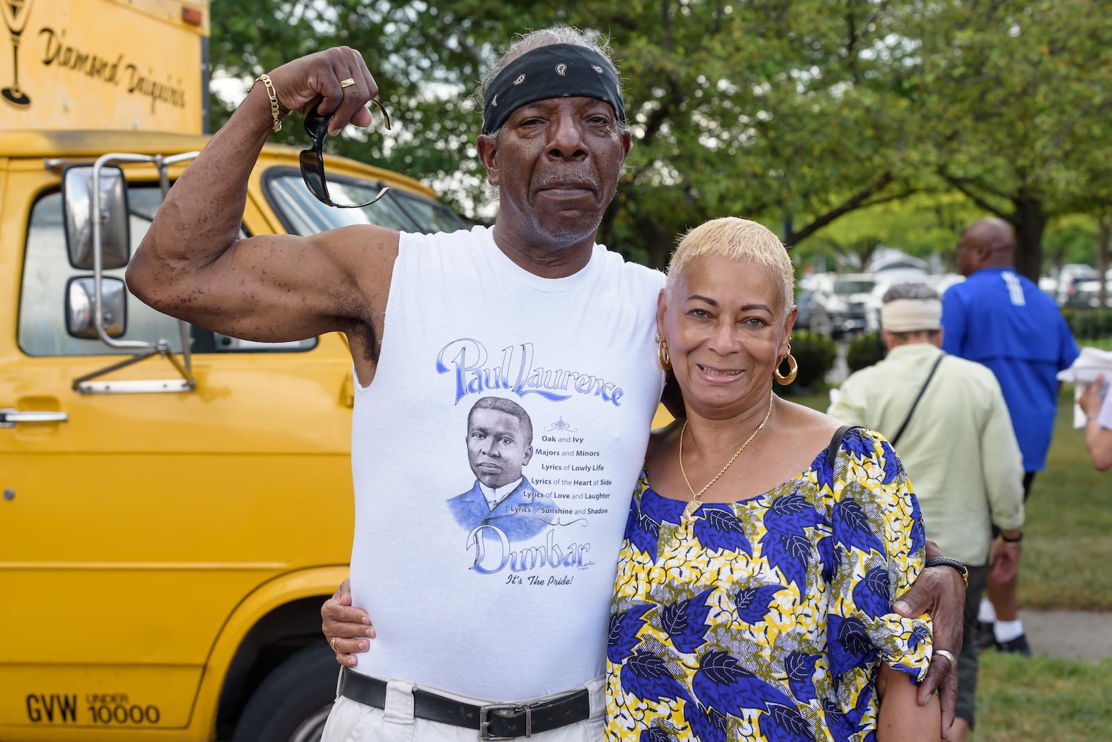 Kevin Rakestraw & Marsha Robinson of Dayton at the fifth annual Wright Dunbar Day Block Party on Sunday, June 23, 2024. Kevin is wearing a Paul Laurence Dunbar t-shirt designed by Dayton artist Reginald Harmon. TOM GILLIAM / CONTRIBUTING PHOTOGRAPHER