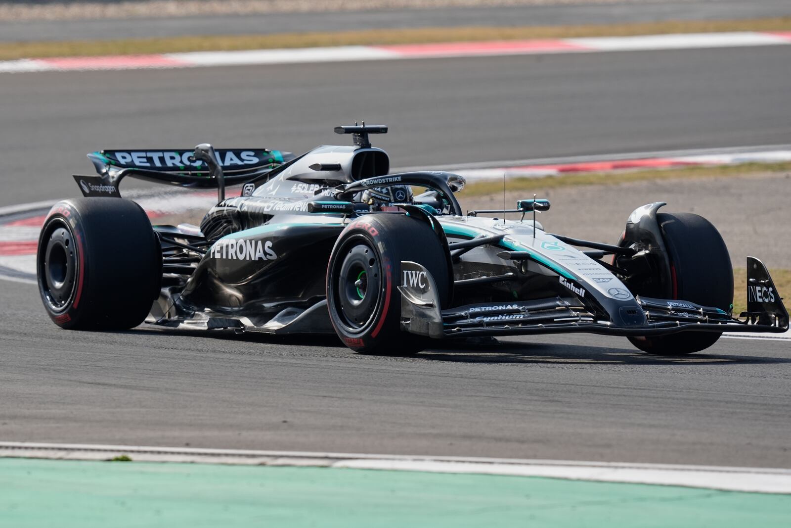 Mercedes driver George Russell of Britain steers his car during qualifying session for the Chinese Formula One Grand Prix at the Shanghai International Circuit, Shanghai, Saturday, March 22, 2025. (AP Photo)