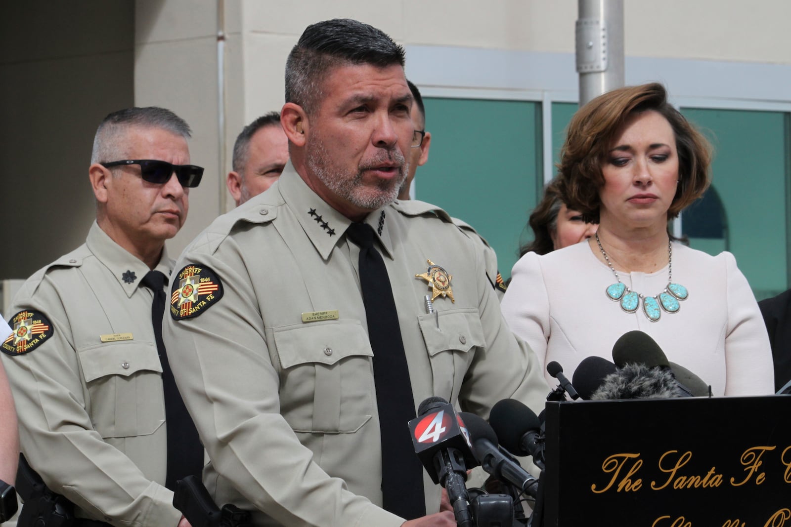 Santa Fe County Sheriff Adan Mendoza, center, answers questions about the investigation into the deaths of actor Gene Hackman and his wife Betsy Arakawa during a news conference in Santa Fe, New Mexico, on Friday, March 7, 2025. (AP Photo/Susan Montoya Bryan)