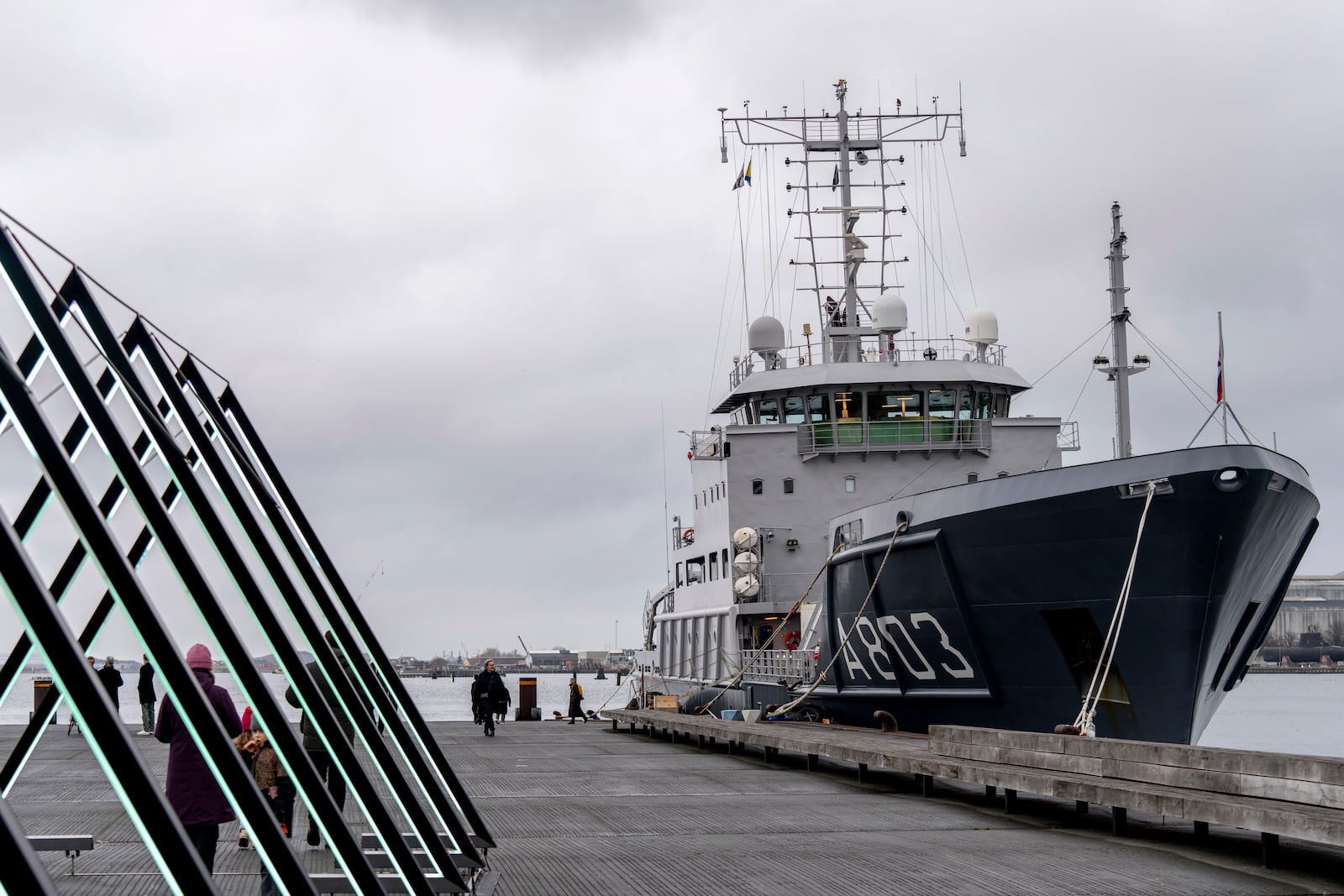 NATO naval vessels are docked at Ofelia Plads in Copenhagen Harbor, Sunday, Jan. 26, 2025, as the vessel A803 will participate in NATO's enhanced operation, Baltic Sentry, in the Baltic Sea to protect critical infrastructure such as wires and cables on the seabed. (Ida Marie Odgaard/Ritzau Scanpix via AP)