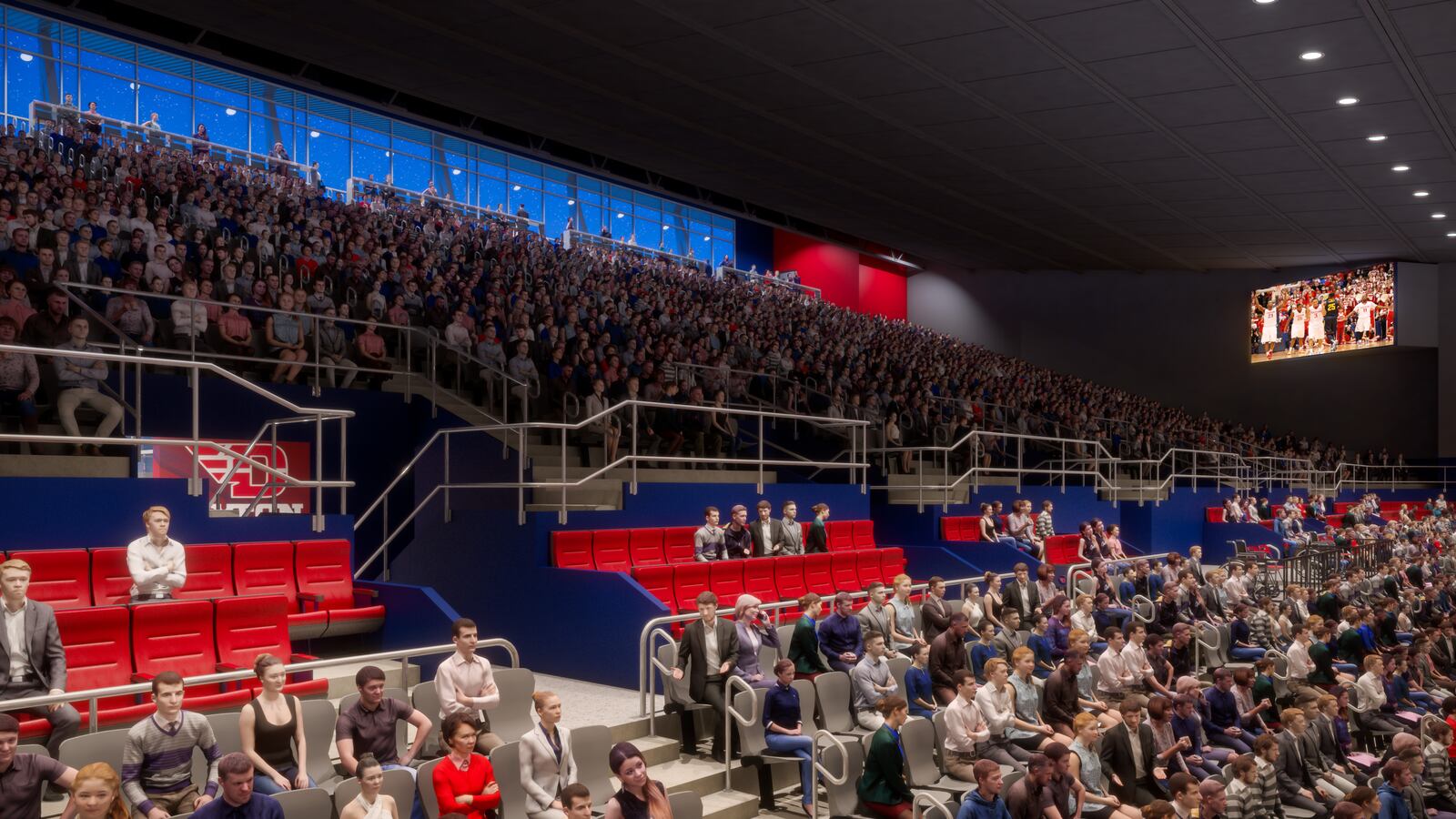 Renderings of proposed renovations to UD Arena. The $72 million in renovations will feature new premier seating, an expanded concourse and changes to the building’s exterior. CONTRIBUTED