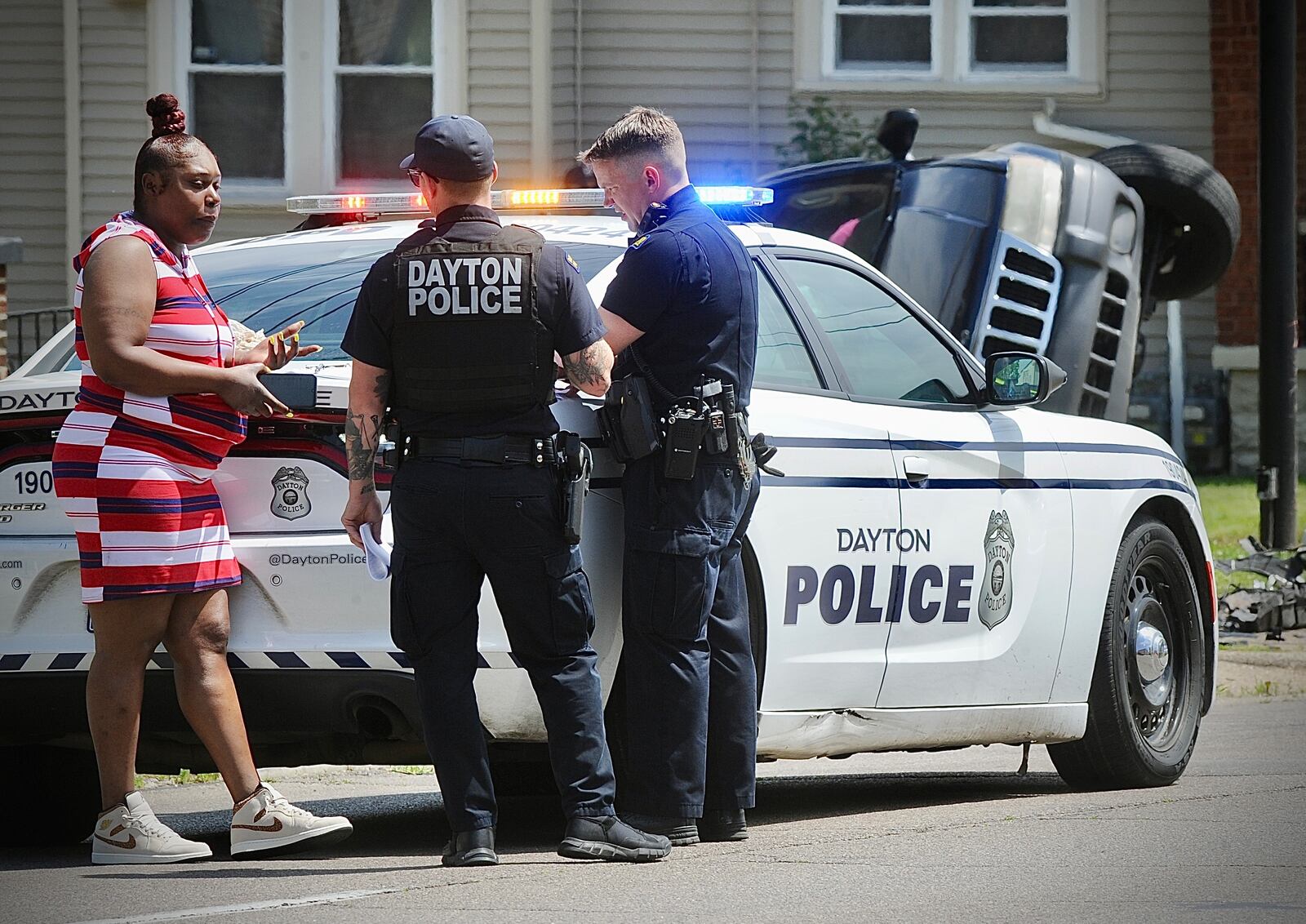 A Dayton police cruiser was involved in a crash Thursday, May 23, 2024, at West Third Street and North Decker Avenue. MARSHALL GORBY/STAFF