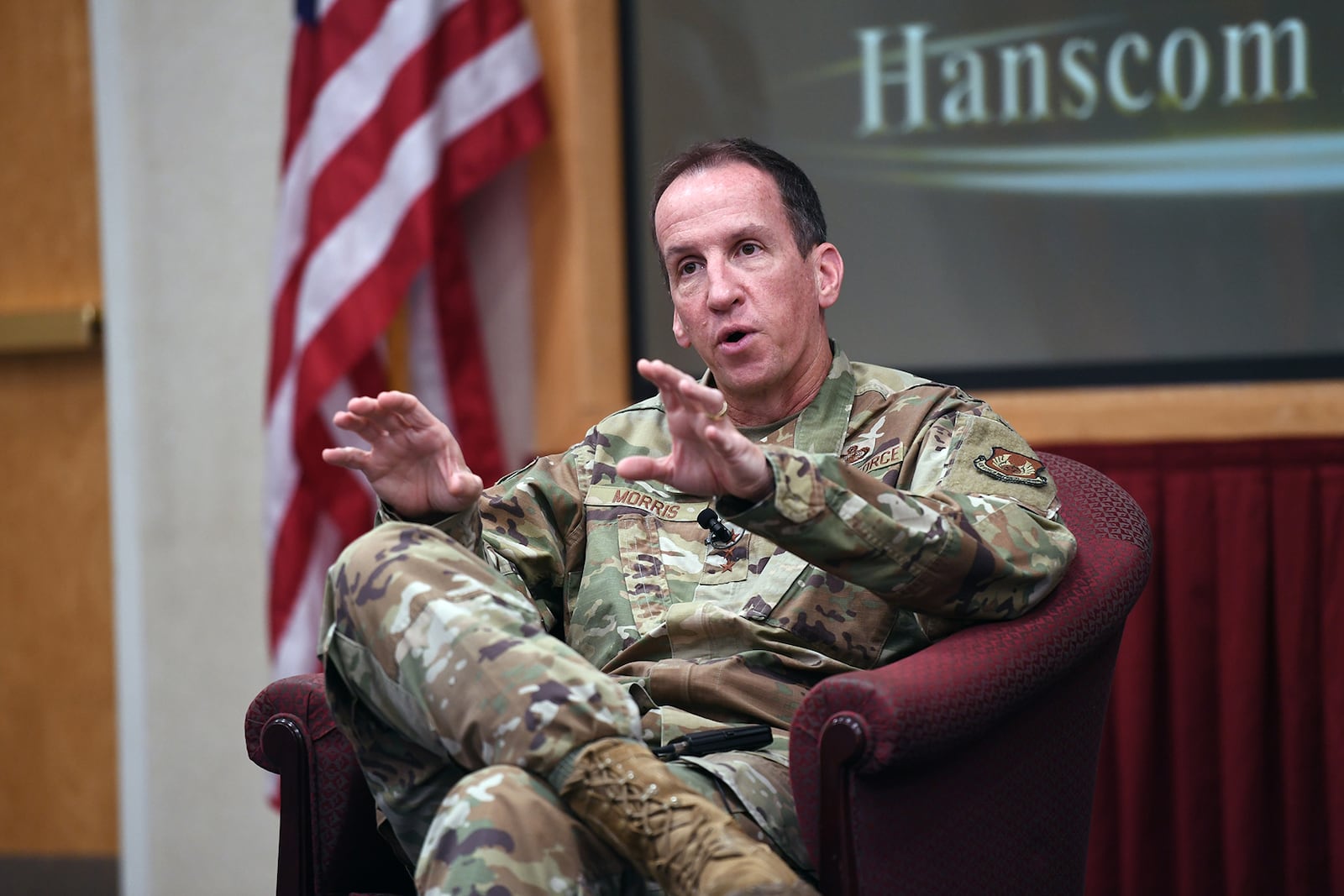 Air Force Life Cycle Management Center Commander Lt. Gen. Shaun Morris speaks to members of the center’s workforce at Hanscom Air Force Base, Mass., during a Zoom call Oct. 7. Morris spoke about the role Hanscom will have in a digital Air Force during his opening remarks and held a question and answer portion where he addressed the way ahead for telework, training and use of temporary duty for travel. (U.S. Air Force photo by Linda LaBonte Britt)