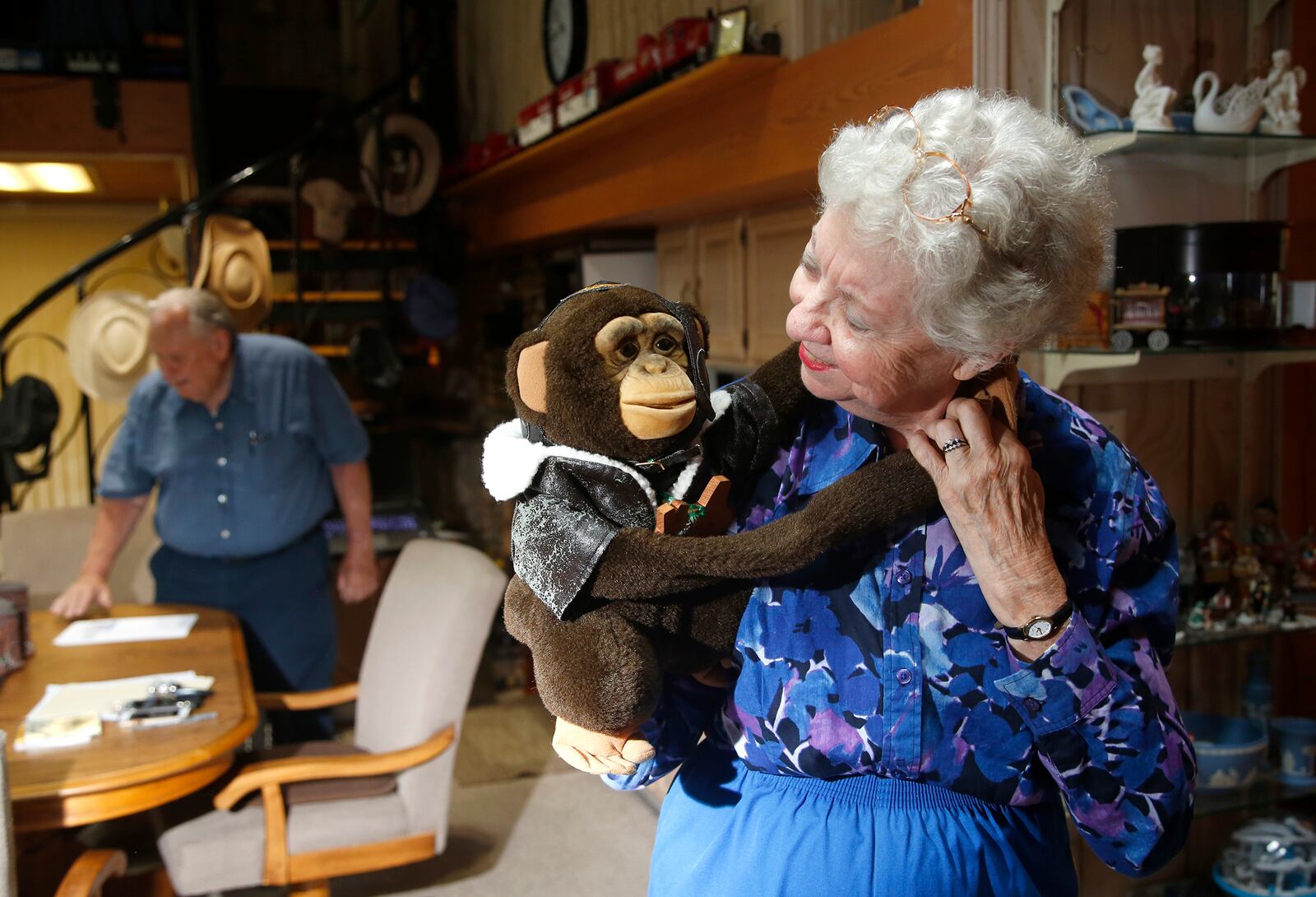 Liz Barnhart of Riverside picked up a stuffed monkey in 1990 to complement her collection of band organs, including monkey organs. She said so many people asked her at organ rallys where her monkey was she thought she should have one. Barnhart and her husband Mike or the organizers of the 43rd Annual Band Organ Rally that will be held July 21 and 22 at Carillon Historical Park. LISA POWELL / STAFF