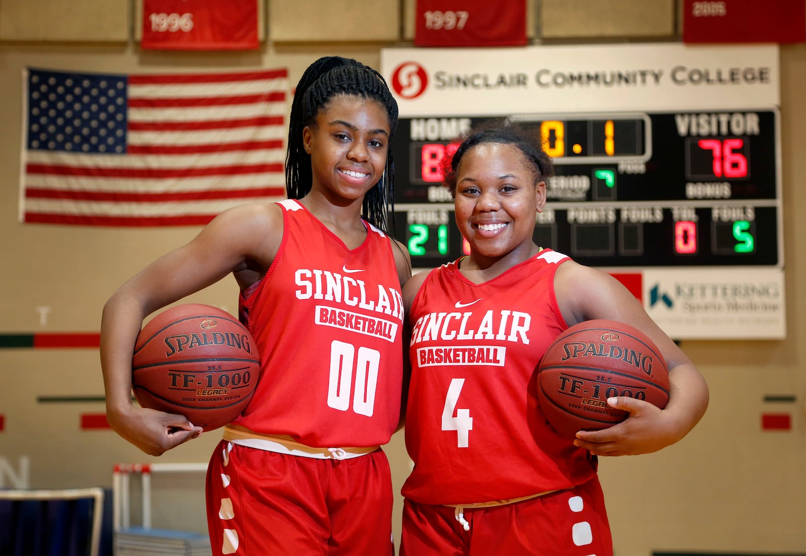 Laquelle Jacobs (left) and Kierre James play basketball for Sinclair Community College.. LISA POWELL / STAFF