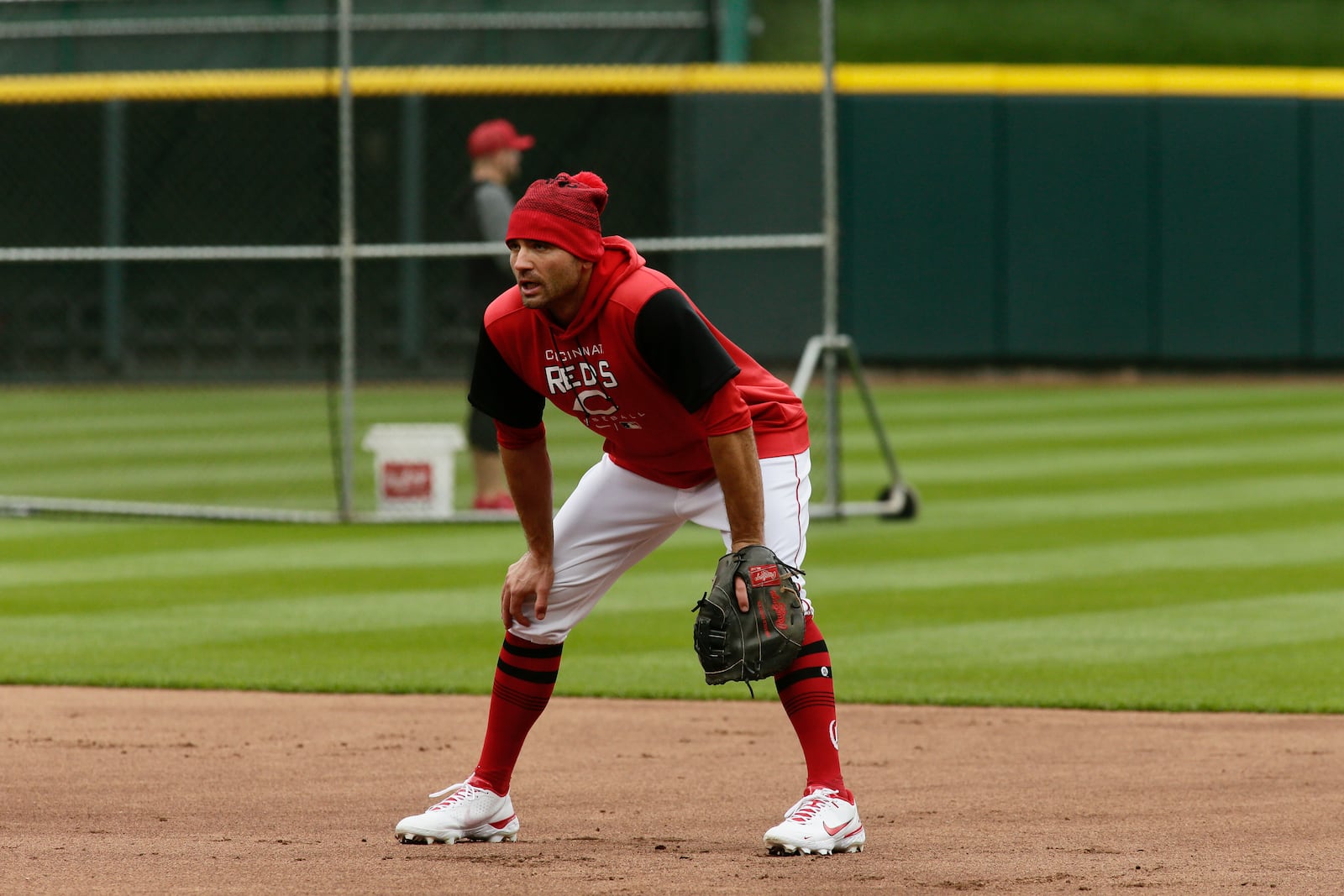 Reds first baseman Joey Votto takes infield on Opening Day on April 12, 2022, at Great American Ball Park in Cincinnati. David Jablonski/Staff