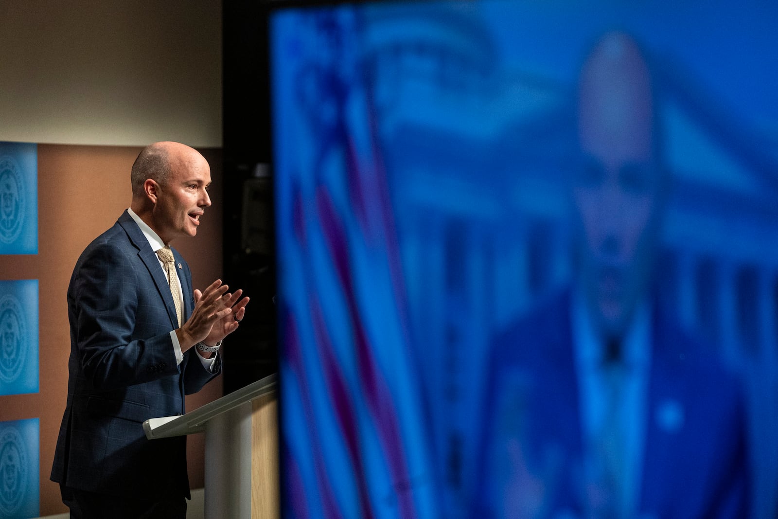 Utah Gov. Spencer Cox speaks at his monthly news conference held at the Eccles Broadcast Center in Salt Lake City, Thursday, Sept. 19, 2024. (Isaac Hale/The Deseret News via AP, Pool)