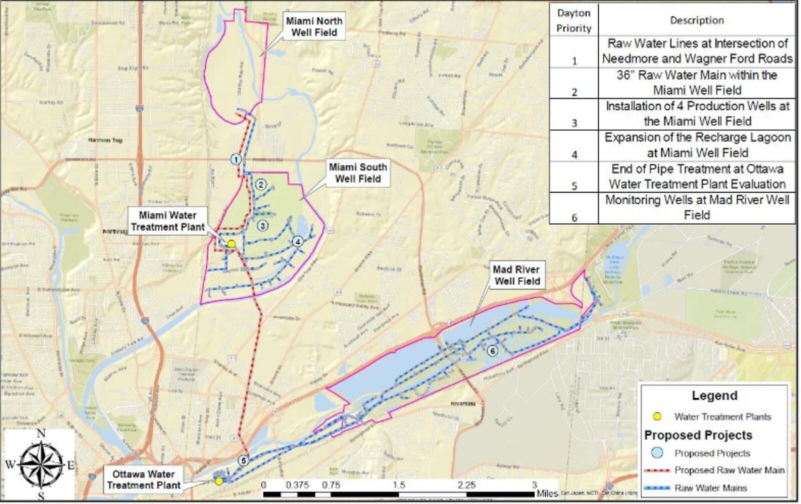 This map shows potential city of Dayton water system projects aimed at combating PFAS, also known as forever chemicals. This map of potential projects was included in a limited environmental review by the Ohio EPA, which the agency conducted to evaluate the city's request for funding for a new 36-inch raw water main. CONTRIBUTED