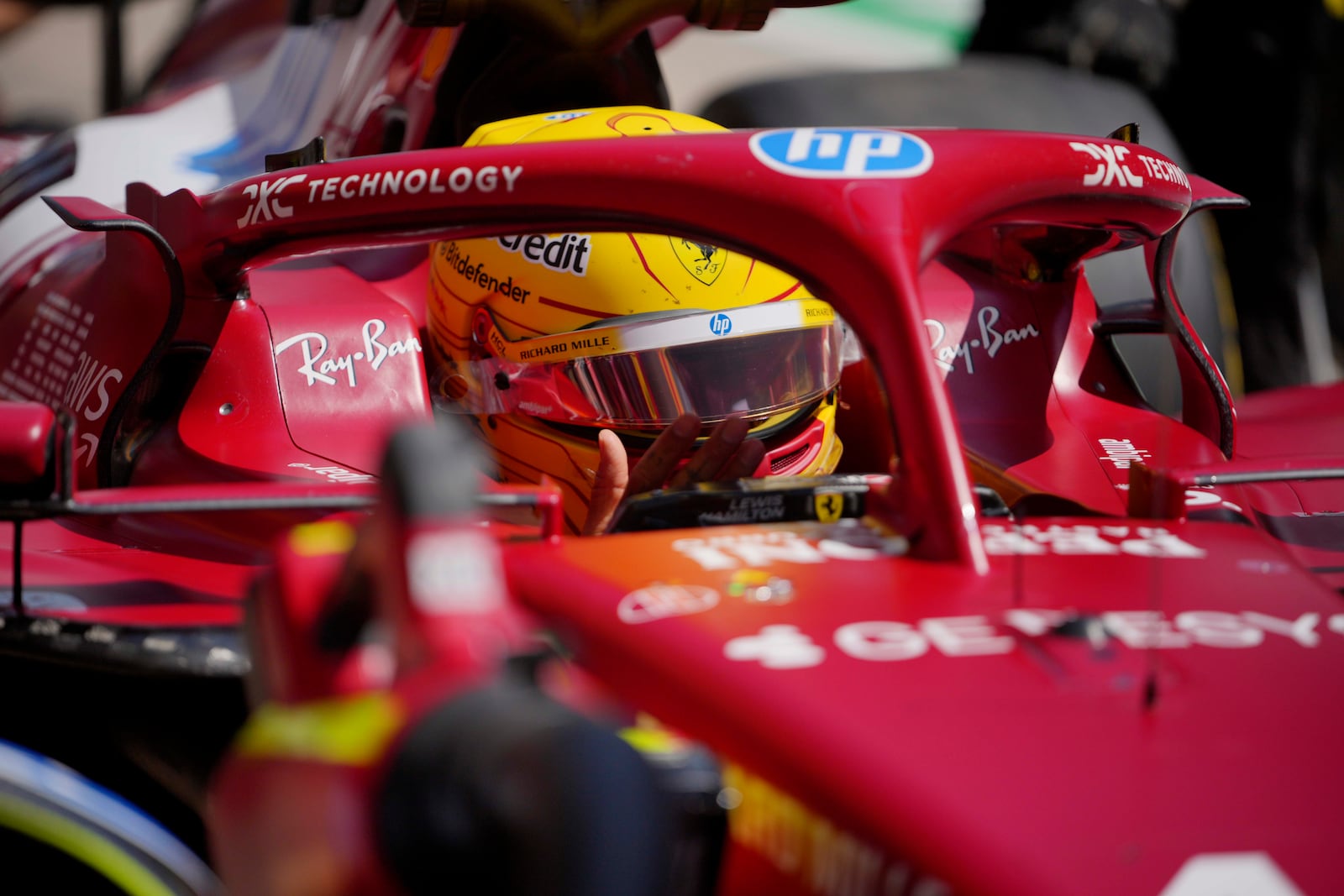 Ferrari driver Lewis Hamilton of Britain gets a pit stop during the first free practice at the Shanghai International Circuit in Shanghai, China, Friday, March 21, 2025, ahead of the Chinese Formula One Grand Prix (Sunday). (AP Photo/Andy Wong)