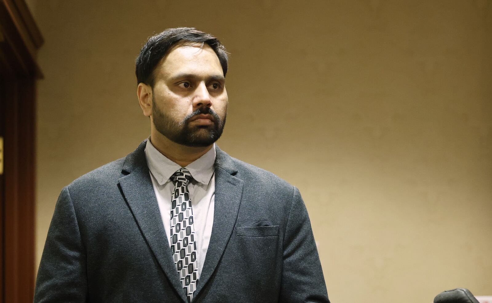 Gurpreet Singh appears in court Friday, Feb. 10, 2023 in Judge Gregory Howard's courtroom in Butler County Common Pleas Court in Hamilton. Singh is charged in a quadruple homicide of his wife and three other family members in April 2019. Singh's first trial resulted in a hung jury. A new trial date has been set for April 29, 2024. NICK GRAHAM/STAFF