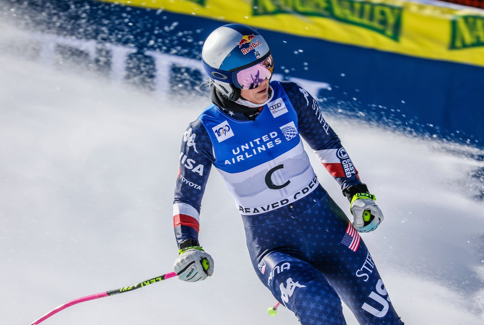 Lindsey Vonn slides into the finish after her first downhill forerun on the Birds of Prey at the World Cup skiing event, Wednesday, Dec. 11, in Beaver Creek, Colo. (Chris Dillmann/Vail Daily via AP)