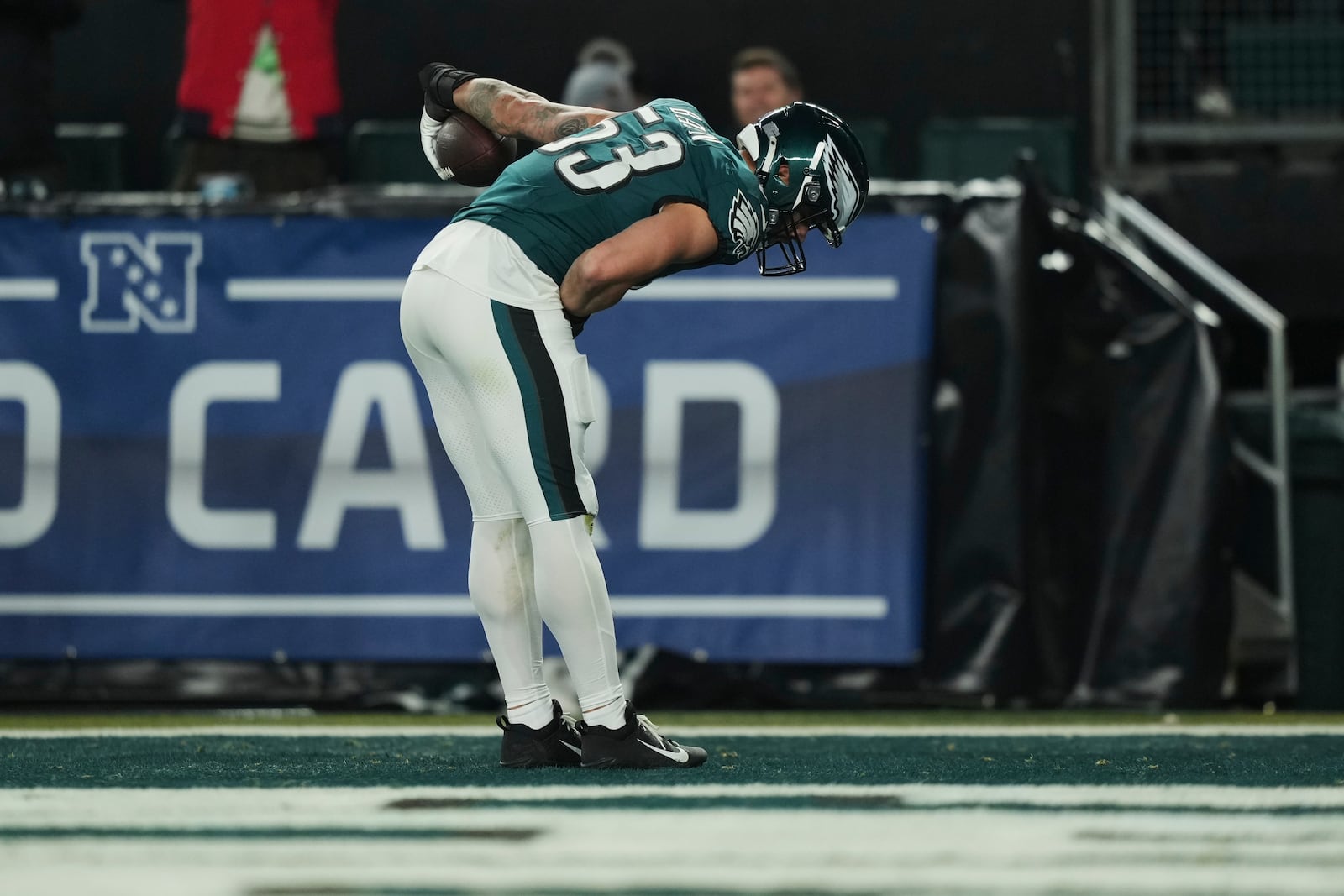 Philadelphia Eagles linebacker Zack Baun celebrates an interception during the first half of an NFL wild-card playoff football game against the Green Bay Packers on Sunday, Jan. 12, 2025, in Philadelphia. (AP Photo/Matt Slocum)