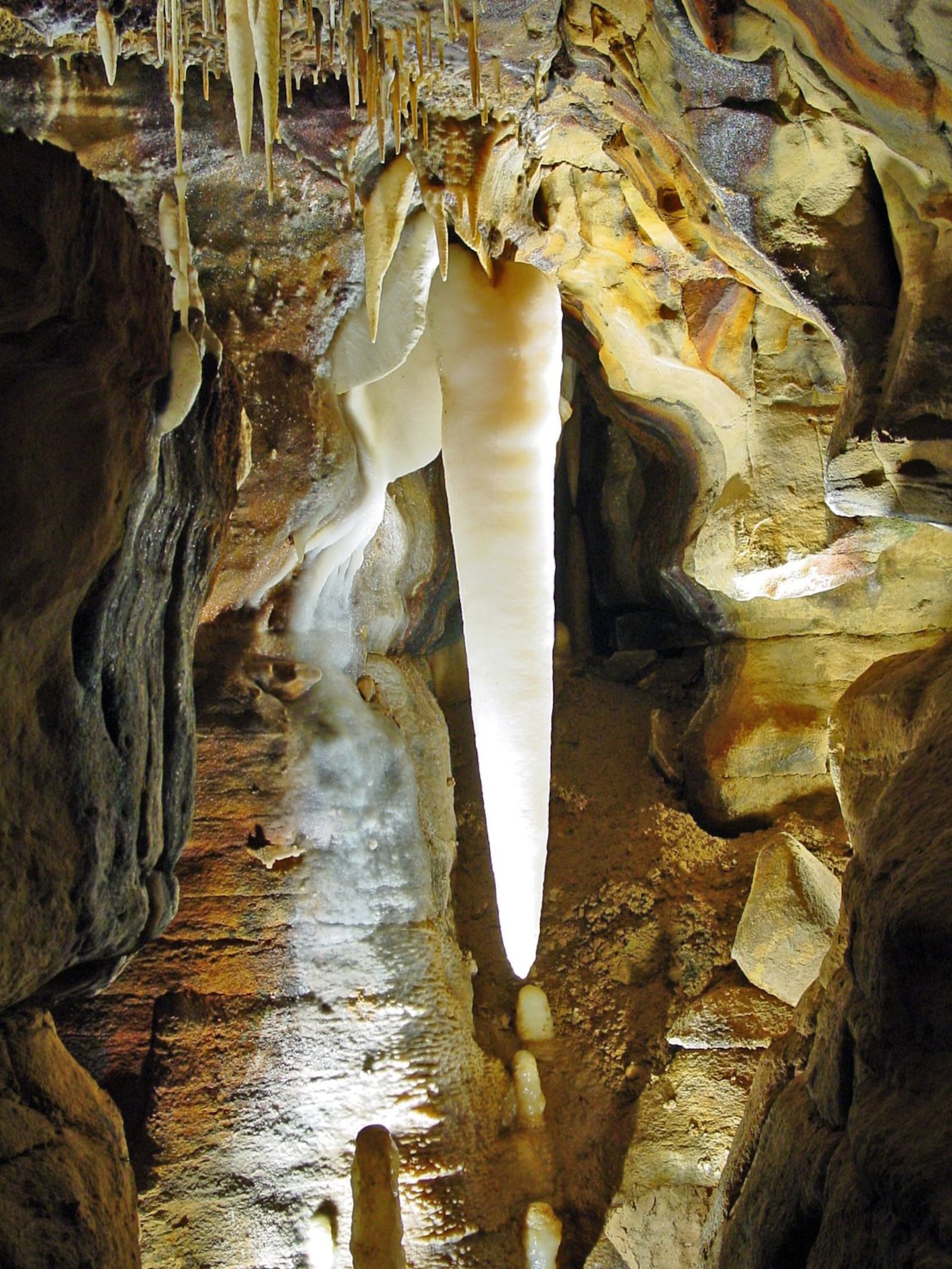 Crystal stalactite at Ohio Caverns.