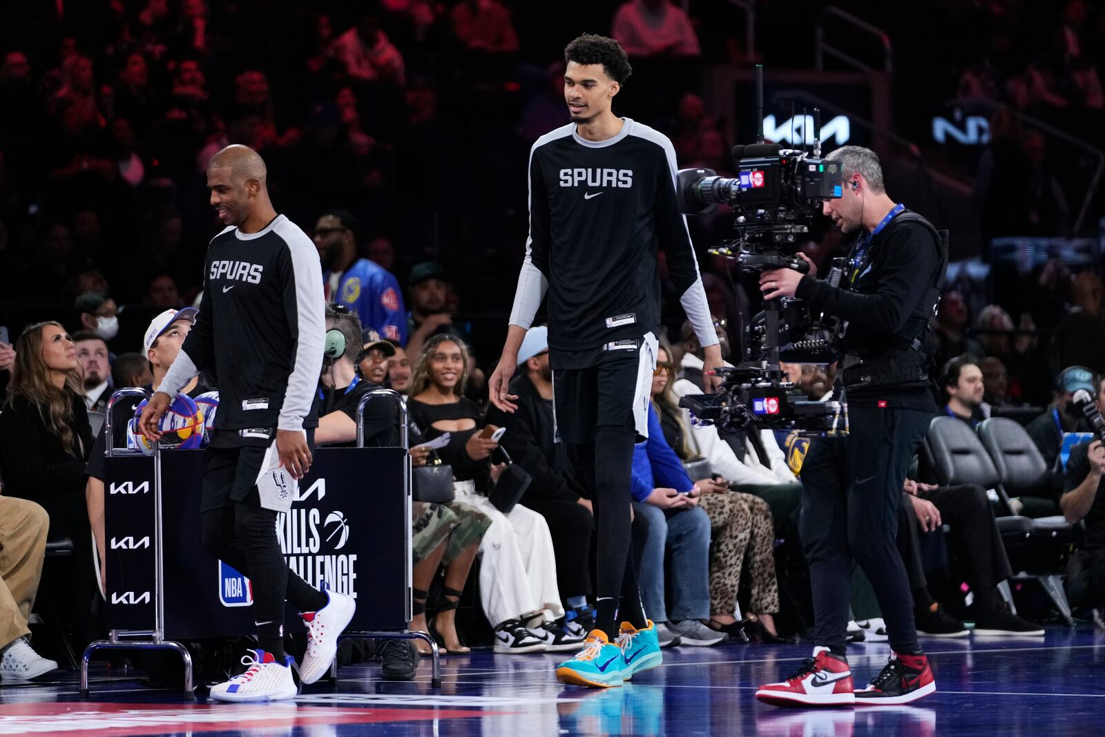 San Antonio Spurs Center Victor Wembanyama and guard Chris Paul compete during the skills challenge at the NBA basketball All-Star Saturday night festivities Saturday, Feb. 15, 2025, in San Francisco. (AP Photo/Godofredo A. Vásquez)