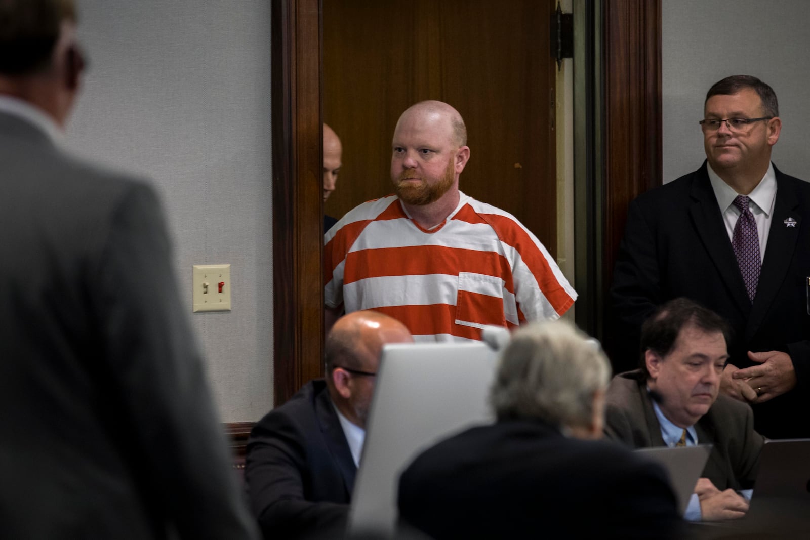 Travis McMichael enters a Glynn County courtroom before a hearing challenging his conviction of killing Ahmaud Arbery in 2020, Thursday, Oct. 24, 2024, in Brunswick, Ga. (AP Photo/Stephen B. Morton)