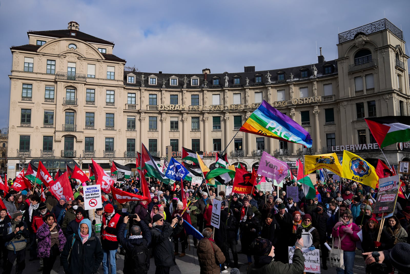 Protestors gather during a demonstration against the Munich Security Conference in Munich, Saturday, Feb. 15, 2025. (AP Photo/Ebrahim Noroozi)