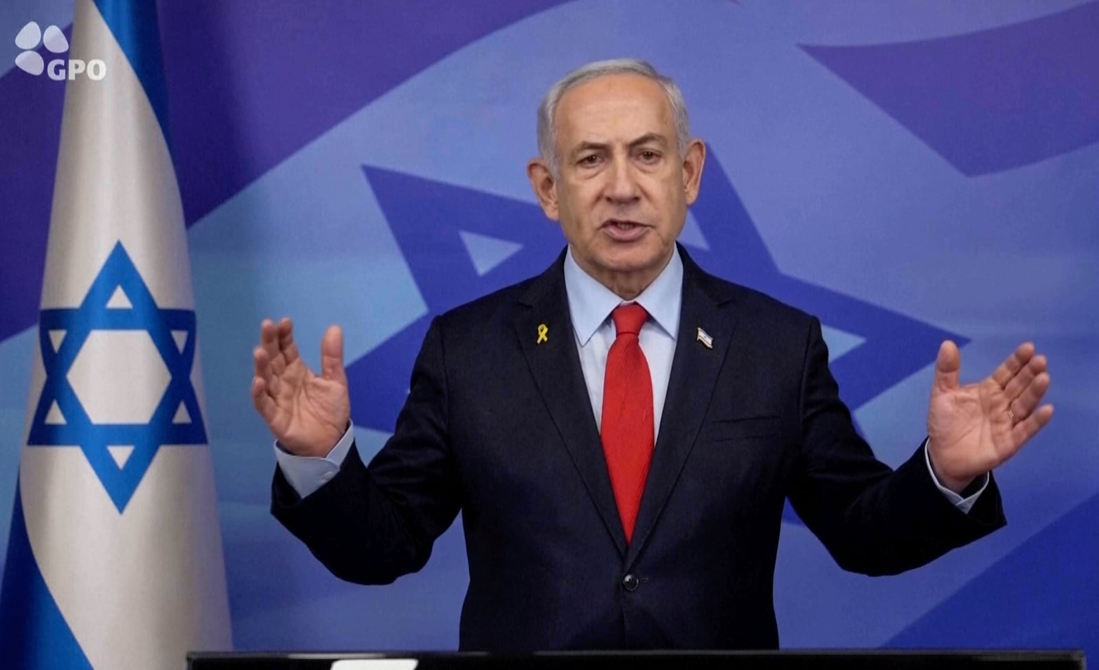 In this screen grab image from video provide by the Israeli Government Press Office, Israeli Prime Minister Benjamin Netanyahu makes a televised statement Tuesday, Nov. 26, 2024, in Jerusalem, Israel. (Israeli Government Press Office via AP)