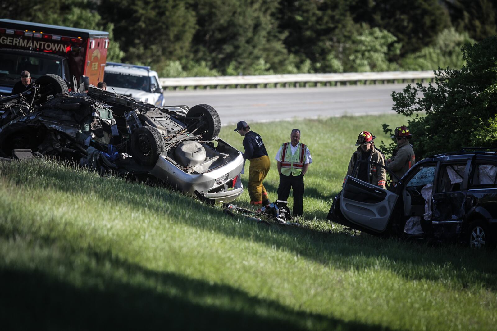 Multiple people were killed and several others, including children, were injured in a two-vehicle rollover crash Friday, April 30, 2021, on state Route 4 in German Twp. south of Germantown. JIM NOELKER/STAFF