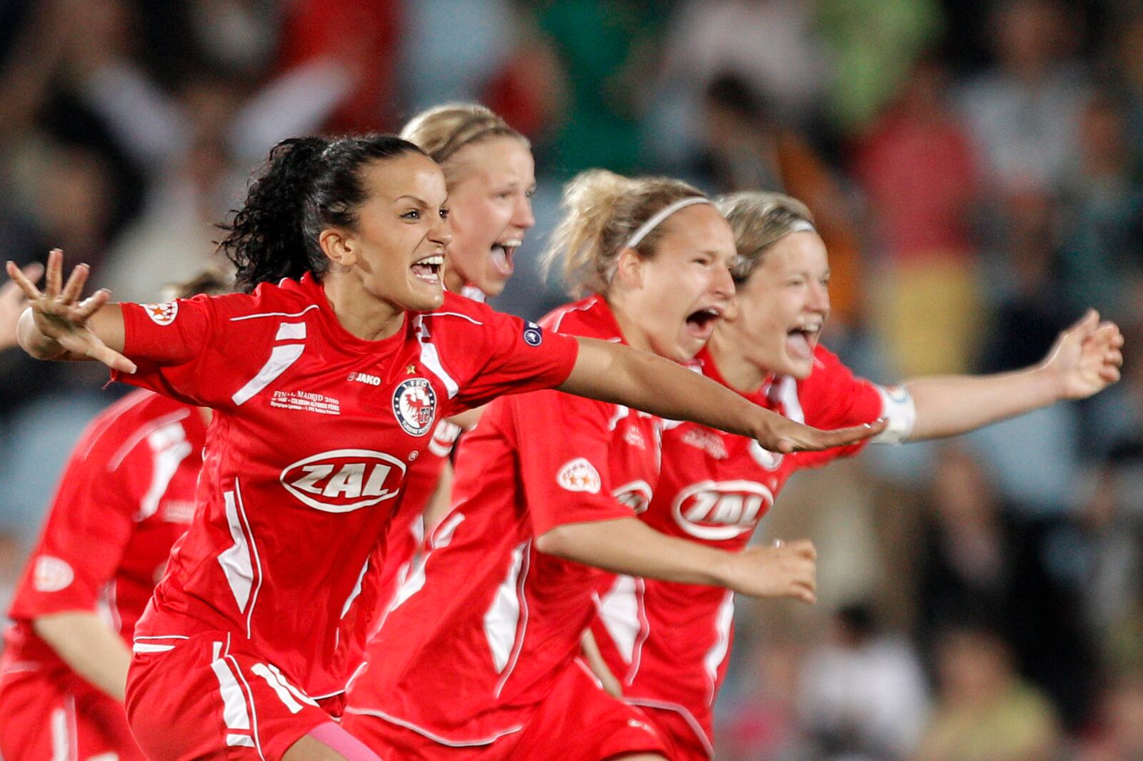 FILE - Turbine Potsdam's players celebrates after defeating Olympique Lyonnais during their UEFA Women's Champions League final soccer match at the Coliseum Alfonso Perez Stadium in Getafe, Spain, Thursday, May 20, 2010. (AP Photo/Daniel Ochoa de Olza, File)