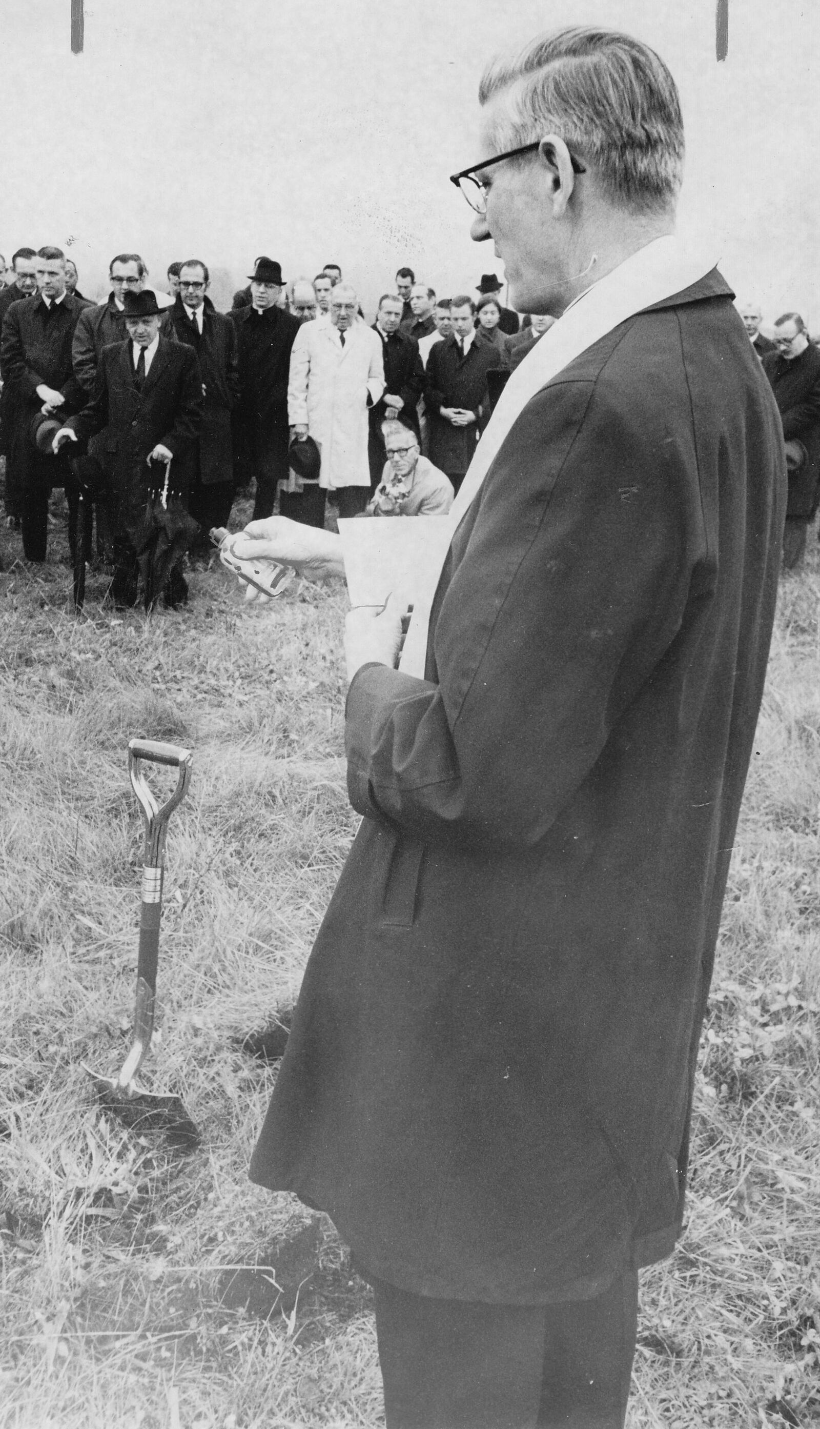 Father Roesch blessed the shovel an ground for the UD Arena groundbreaking November 6, 1968.