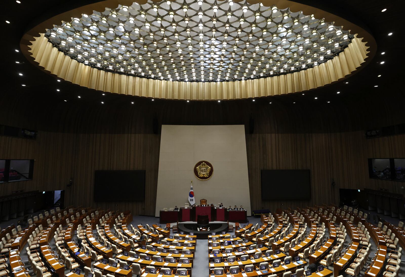 A view of the hall where the plenary session for the impeachment vote of South Korean President Yoon Suk Yeol is set to take place at the National Assembly in Seoul, South Korea, Saturday, Dec. 7, 2024. (Jeon Heon-kyun/Pool Photo via AP)