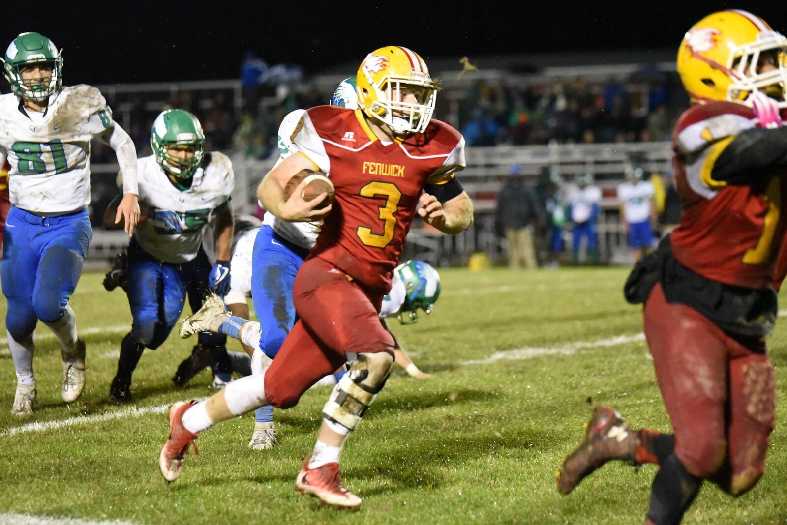 Fenwick’s Jack Fessler (3) finds his way down the field during Friday night’s 28-7 triumph over Chaminade Julienne in a Division III, Region 12 playoff game at Krusling Field in Middletown. CONTRIBUTED PHOTO BY ANGIE MOHRHAUS