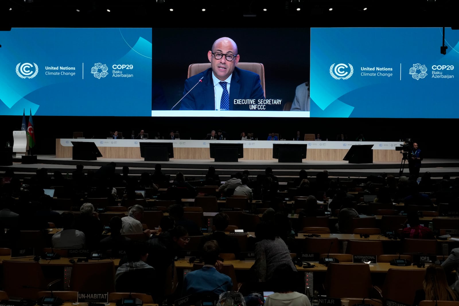 Simon Stiell, United Nations climate chief, speaks during a closing plenary session at the COP29 U.N. Climate Summit, Sunday, Nov. 24, 2024, in Baku, Azerbaijan. (AP Photo/Rafiq Maqbool)