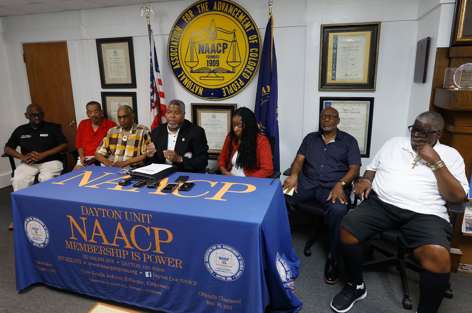 The members of Dayton NAACP, held a press conference Friday, July 5, 2024 at the NAACP headquarters on Salem Ave. to talk about the Dayton Police officer involved shooting and further action to remove guns from the streets. MARSHALL GORBY\STAFF





