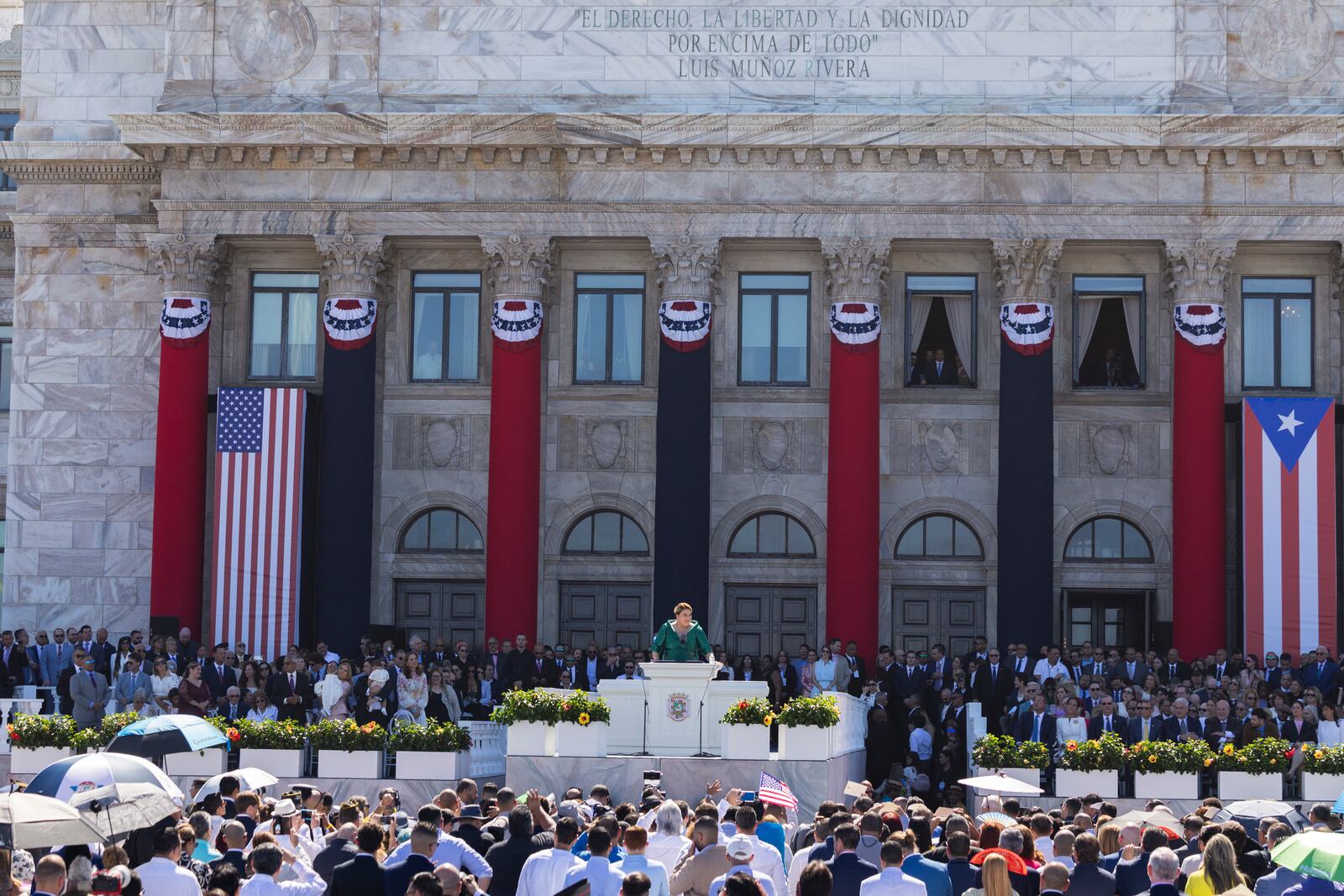 Jenniffer Gonzalez Colon speaks after she was sworn in as governor outside the Capitol in San Juan, Puerto Rico, Thursday, Jan. 2, 2025. (AP Photo/Alejandro Granadillo)