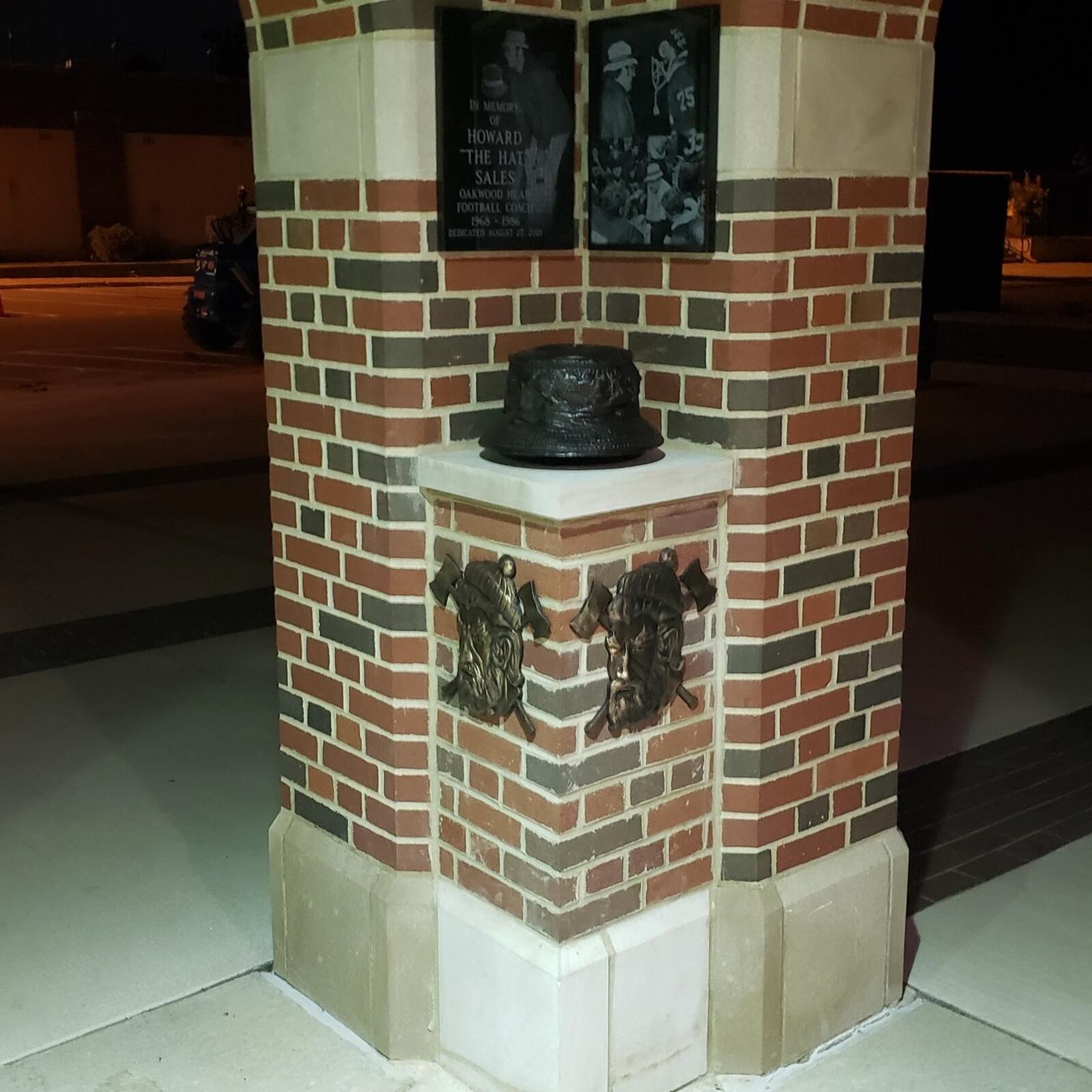 The new Howard “The Hat” Sales Memorial lit up at night in the Alumni Pavilion behind Oakwood High. (Contributed Photo)